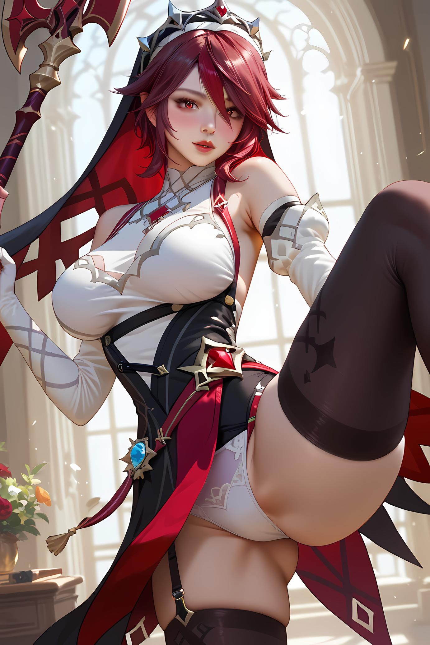 AI Generated Anime Girl - 原神 罗莎莉亚：酒红长发深V爆乳 28P