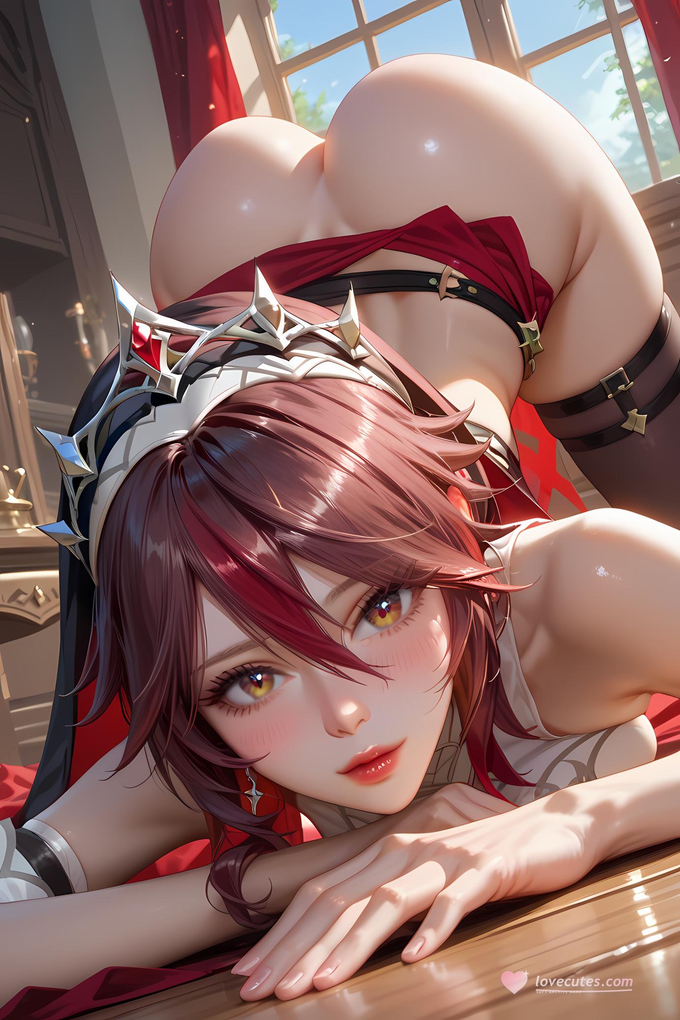 AI Generated Anime Girl - Genshin Impact Rosaria: Burgundy Long Hair Deep V Busty 28P