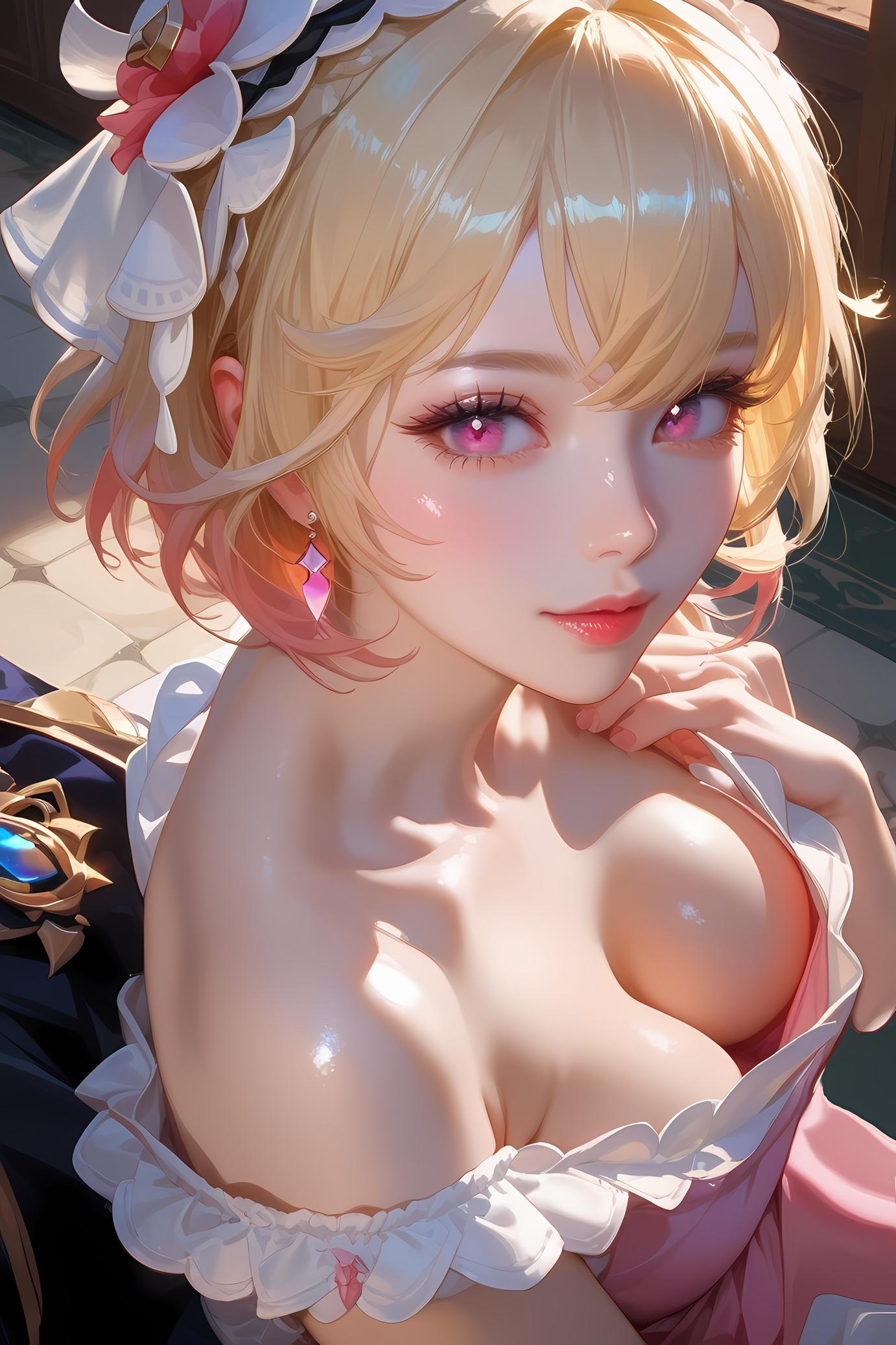 AI Generated Anime Girl - 原神 艾梅莉埃：金发花饰爆乳特写 31P
