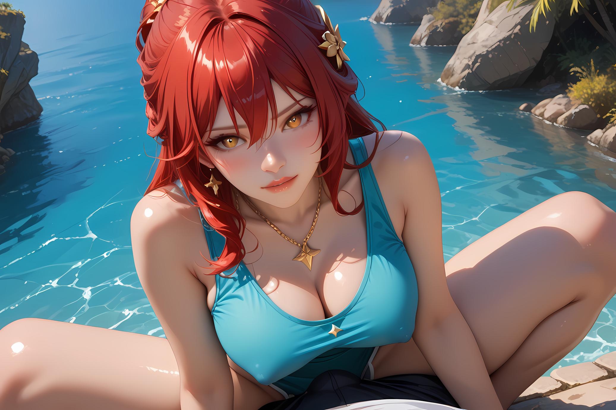 AI Generated Anime Girl - Honkai: Star Rail Herta: Red Lace Lingerie with Big Breasts 84P