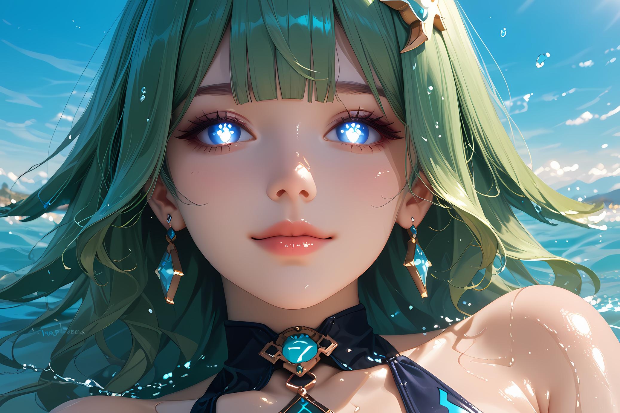 AI Generated Anime Girl - 崩坏星穹铁道 藿藿：绿发蓝色泳装爆乳 66P
