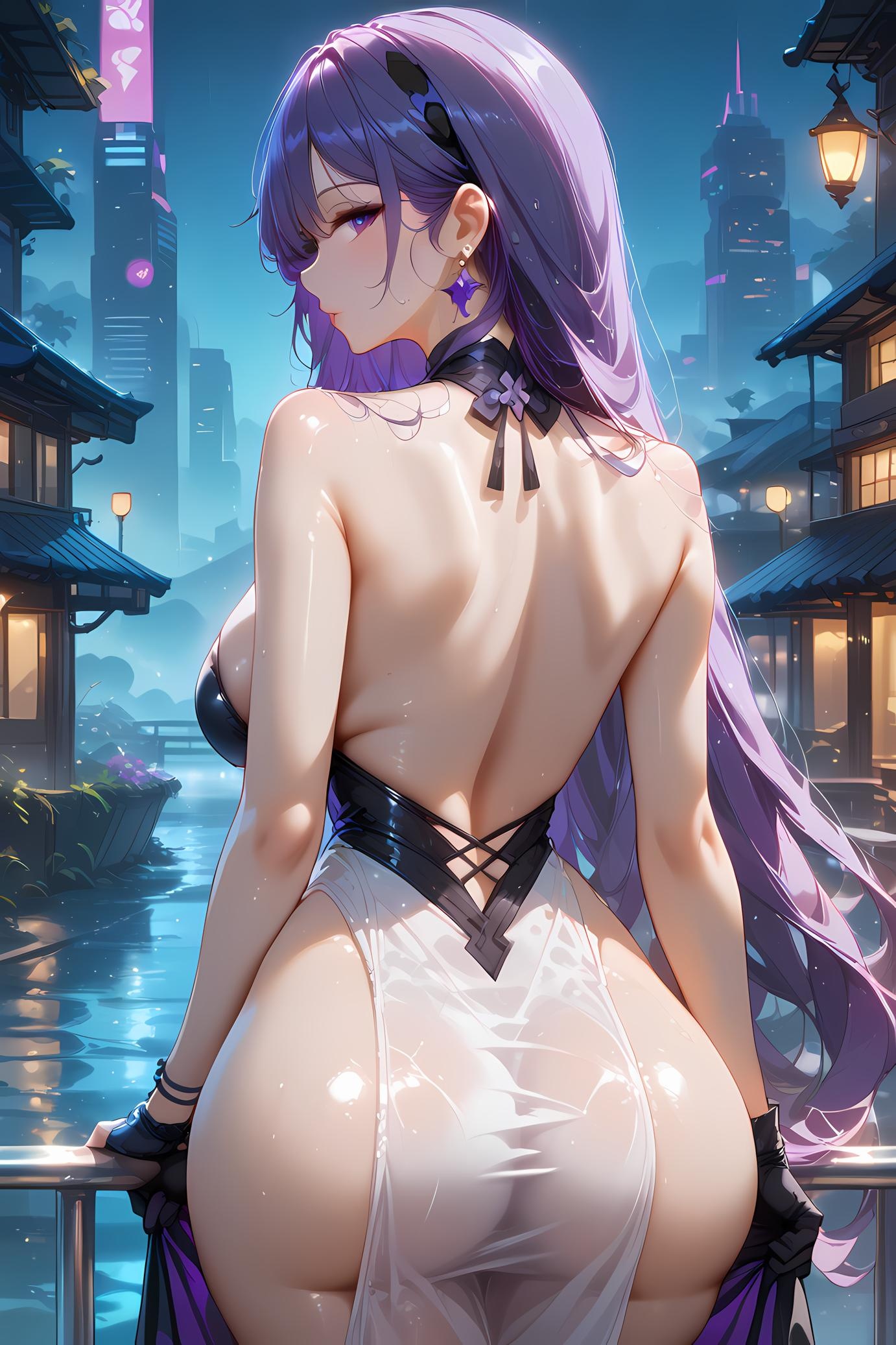 AI Generated Anime Girl - 崩坏星穹铁道 黄泉：紫发露肩爆乳 白色抹胸 35P