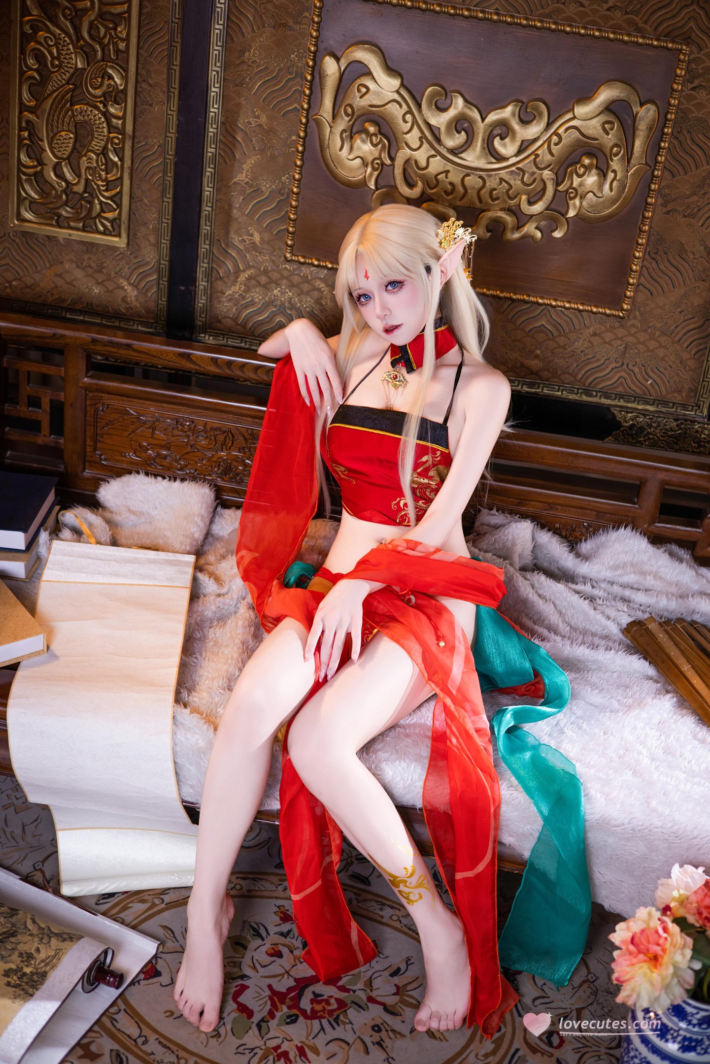 [cosplay] 双木扶苏 - 布雷斯特红古风：红金礼装精灵耳 美腿翘臀中式还原 45P