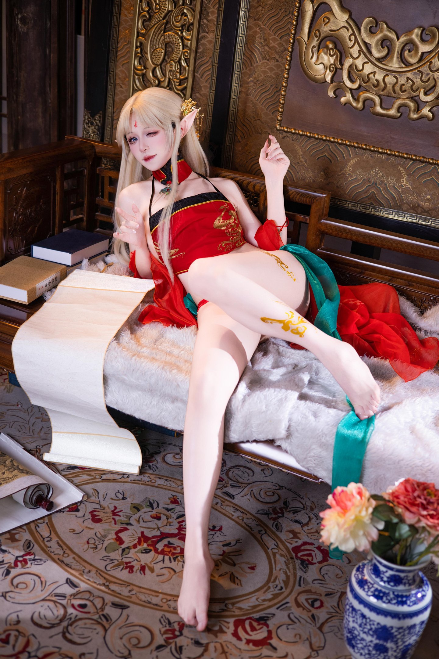[cosplay] 双木扶苏 - 布雷斯特红古风：红金礼装精灵耳 美腿翘臀中式还原 45P