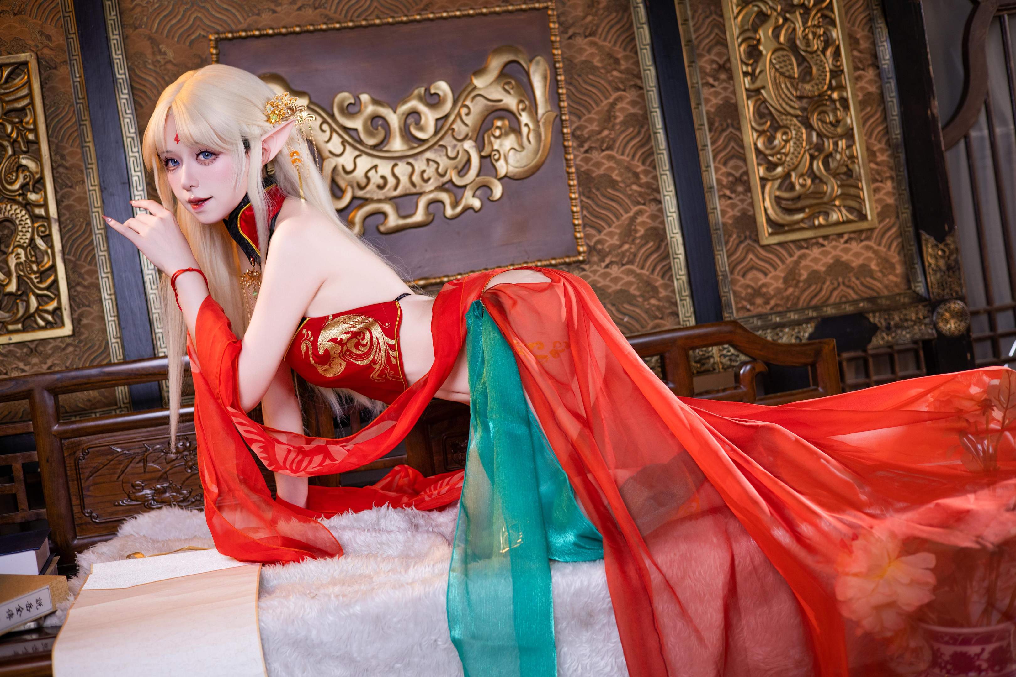 [cosplay] 双木扶苏 - 布雷斯特红古风：红金礼装精灵耳 美腿翘臀中式还原 45P