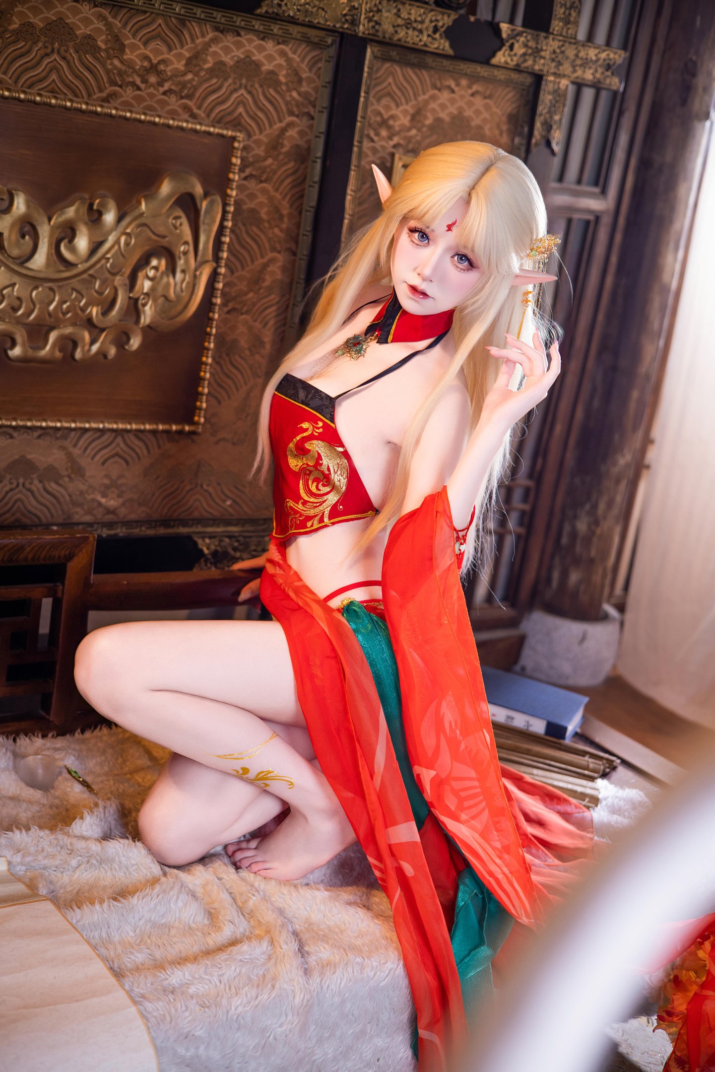 [cosplay] 雙木扶蘇 - 布雷斯特紅古風：紅金禮裝精靈耳 美腿翹臀中式還原 45P