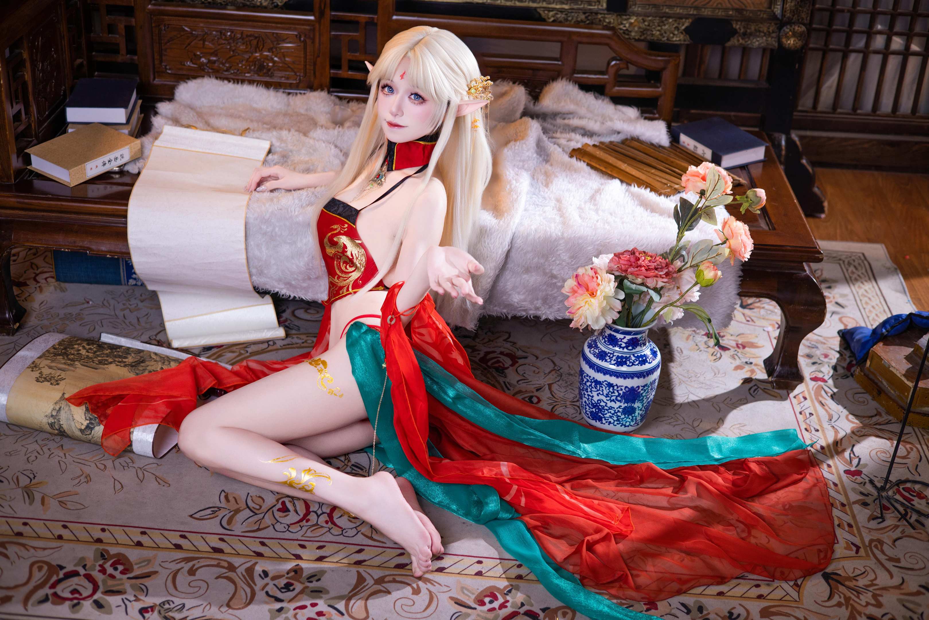[cosplay] 雙木扶蘇 - 布雷斯特紅古風：紅金禮裝精靈耳 美腿翹臀中式還原 45P