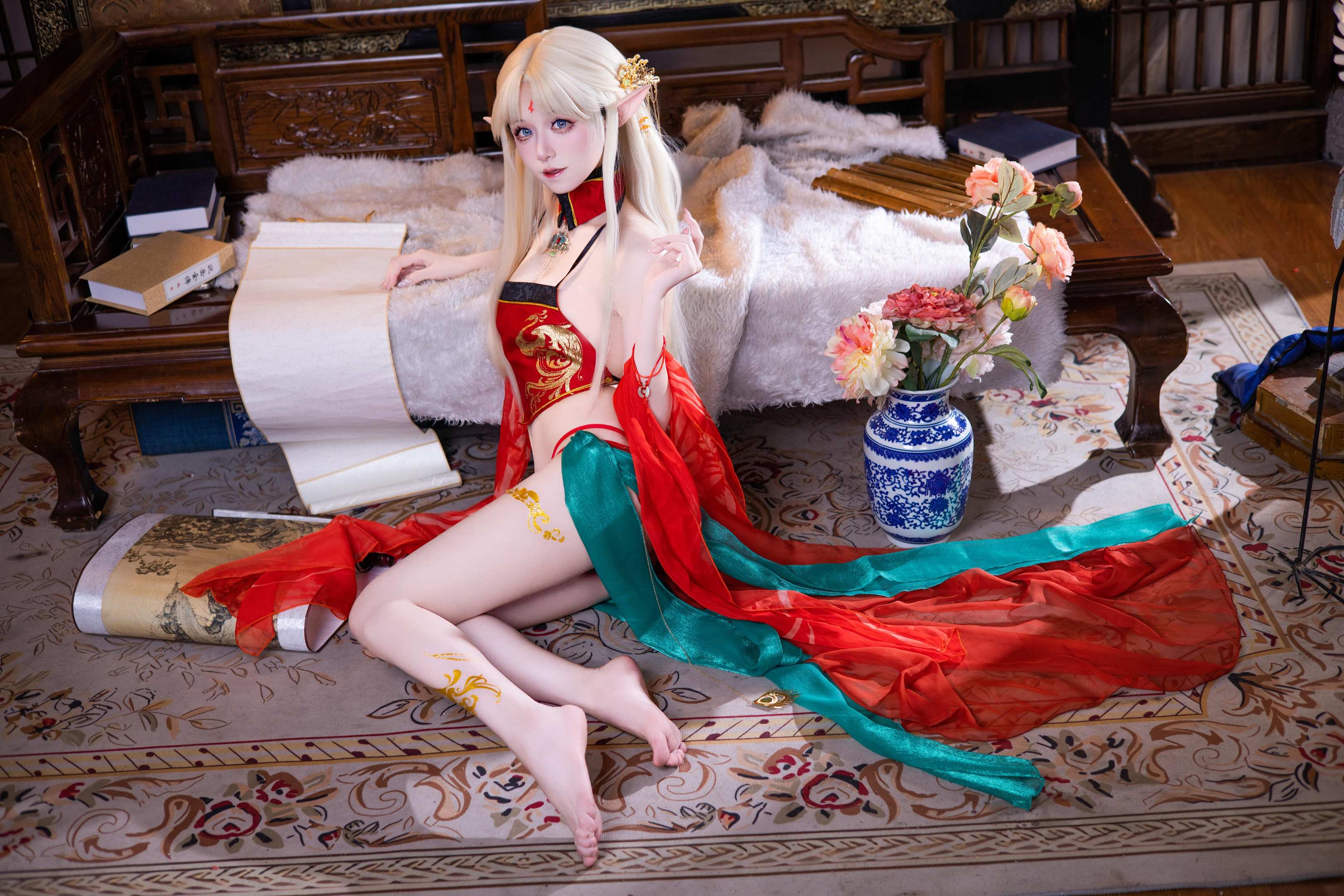[cosplay] 雙木扶蘇 - 布雷斯特紅古風：紅金禮裝精靈耳 美腿翹臀中式還原 45P