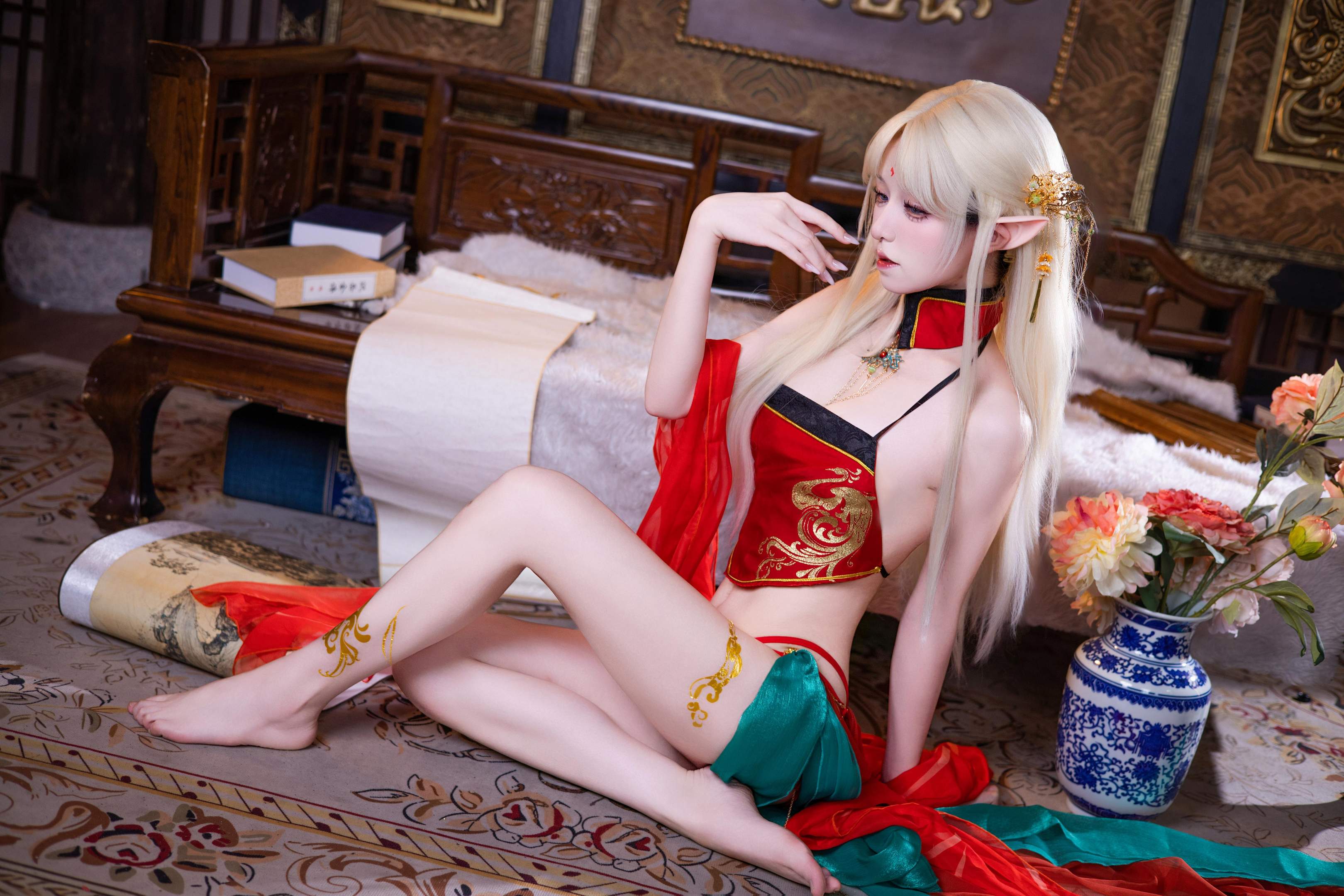 [cosplay] 雙木扶蘇 - 布雷斯特紅古風：紅金禮裝精靈耳 美腿翹臀中式還原 45P