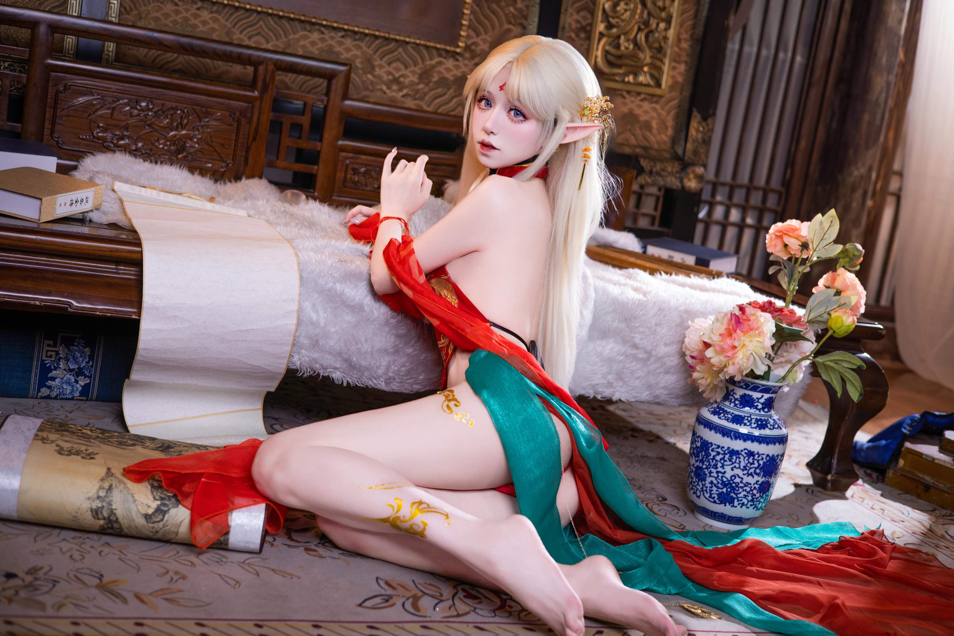 [cosplay] 雙木扶蘇 - 布雷斯特紅古風：紅金禮裝精靈耳 美腿翹臀中式還原 45P