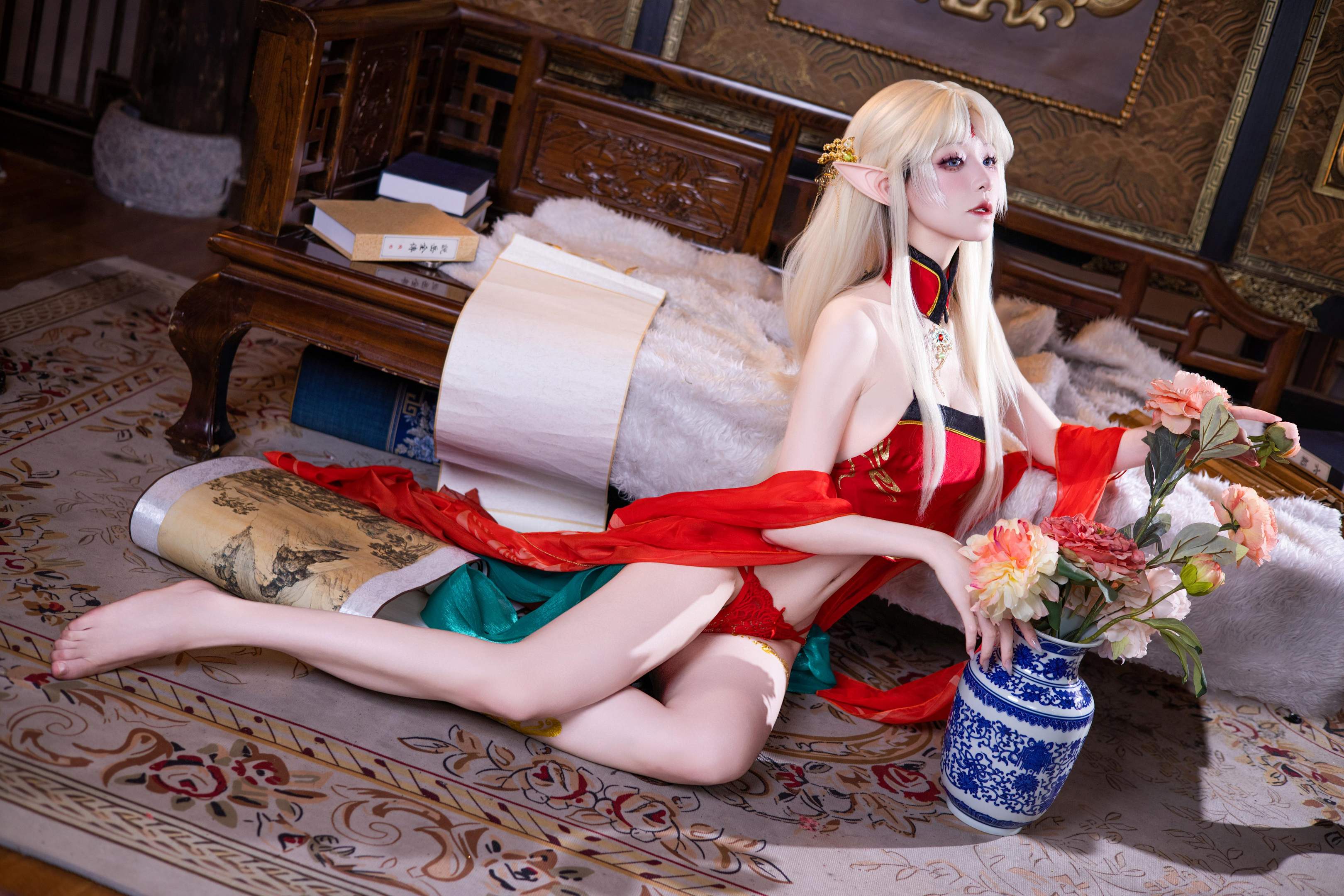 [cosplay] 雙木扶蘇 - 布雷斯特紅古風：紅金禮裝精靈耳 美腿翹臀中式還原 45P