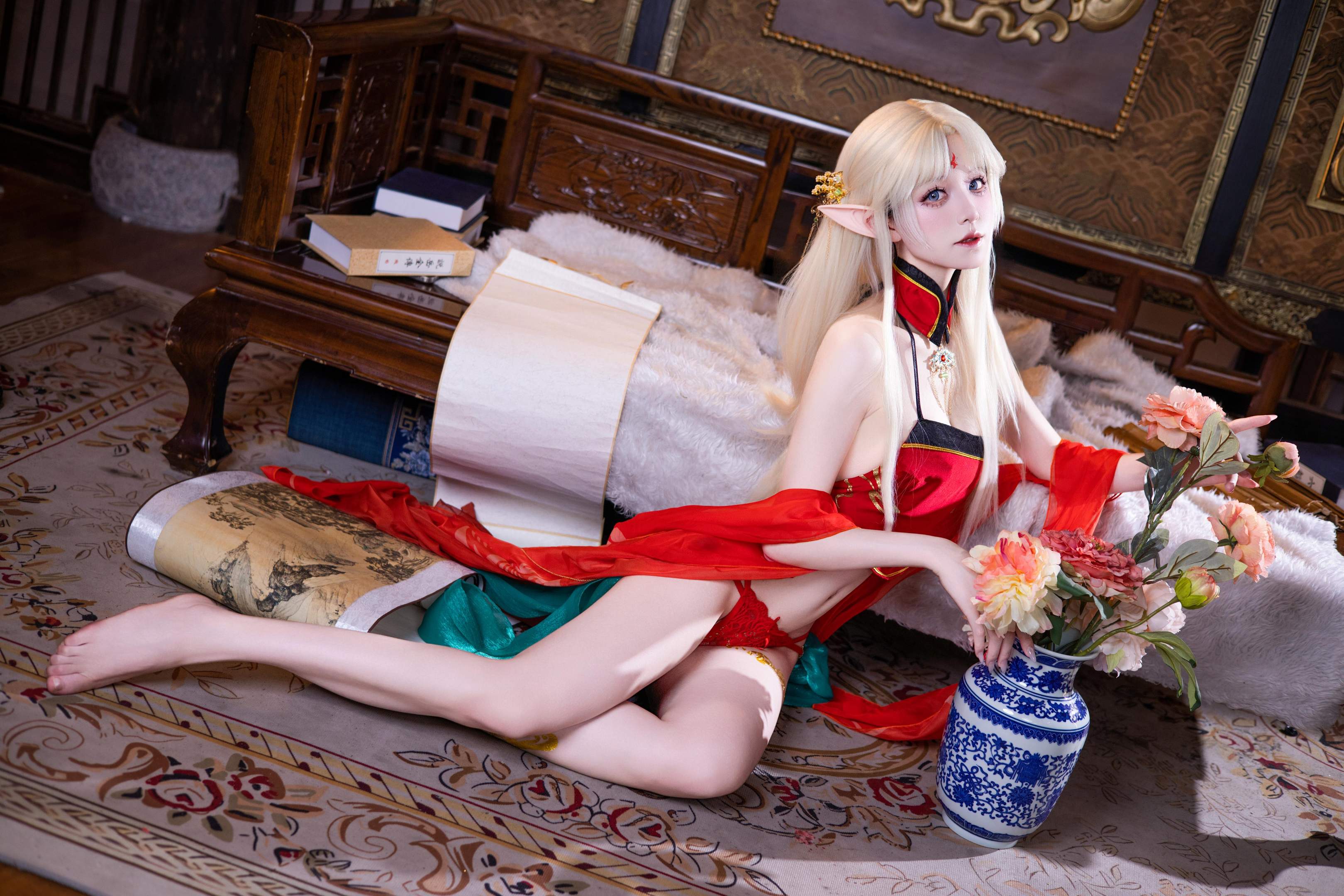 [cosplay] 雙木扶蘇 - 布雷斯特紅古風：紅金禮裝精靈耳 美腿翹臀中式還原 45P