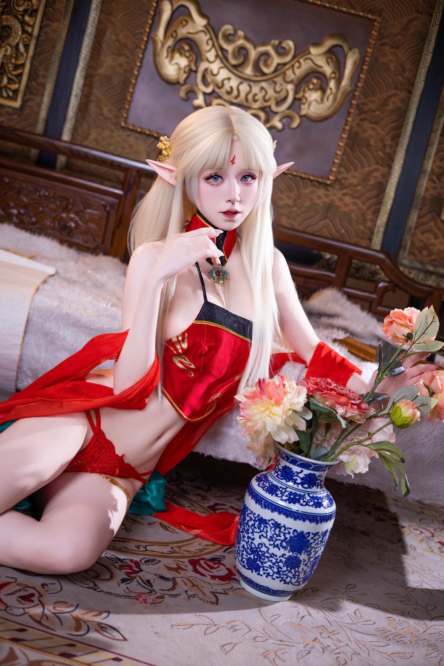 [cosplay] 双木扶苏 - 布雷斯特红古风：红金礼装精灵耳 美腿翘臀中式还原 45P