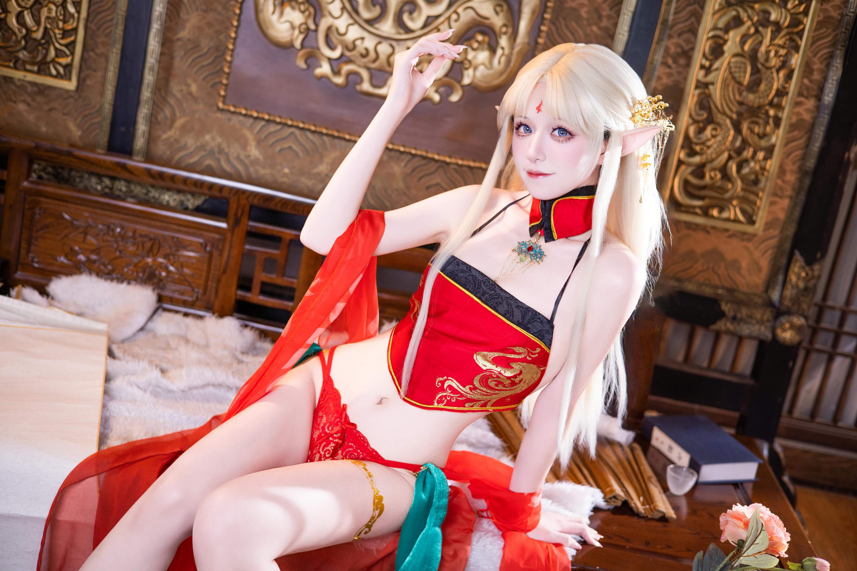 [cosplay] 双木扶苏 - 布雷斯特红古风：红金礼装精灵耳 美腿翘臀中式还原 45P
