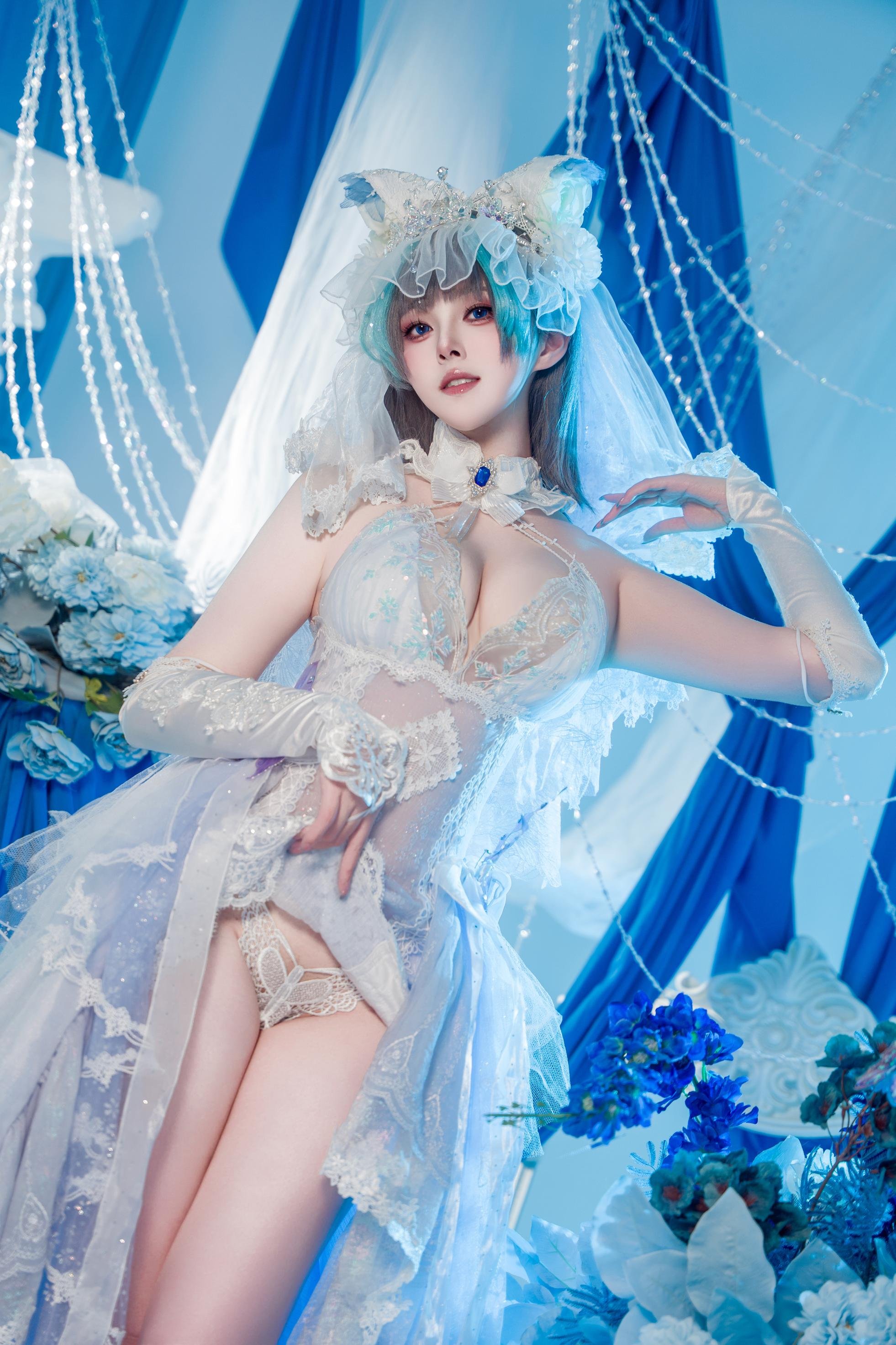 [cosplay] Natsuko夏夏子 - 碧蓝航线 柴郡婚纱：白色婚纱蕾丝内衣 巨乳美腿 70P