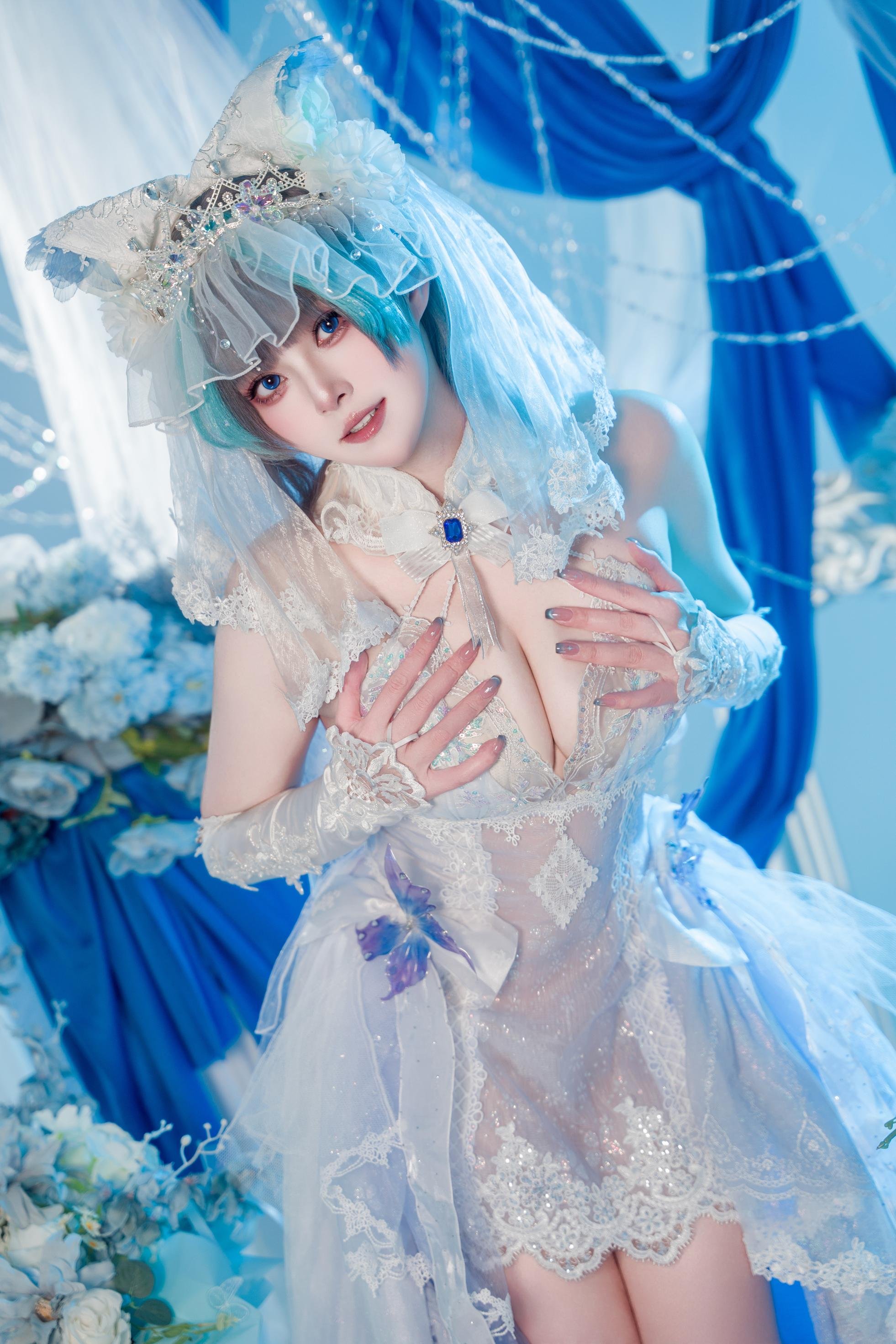 [cosplay] Natsuko夏夏子 - 碧蓝航线 柴郡婚纱：白色婚纱蕾丝内衣 巨乳美腿 70P