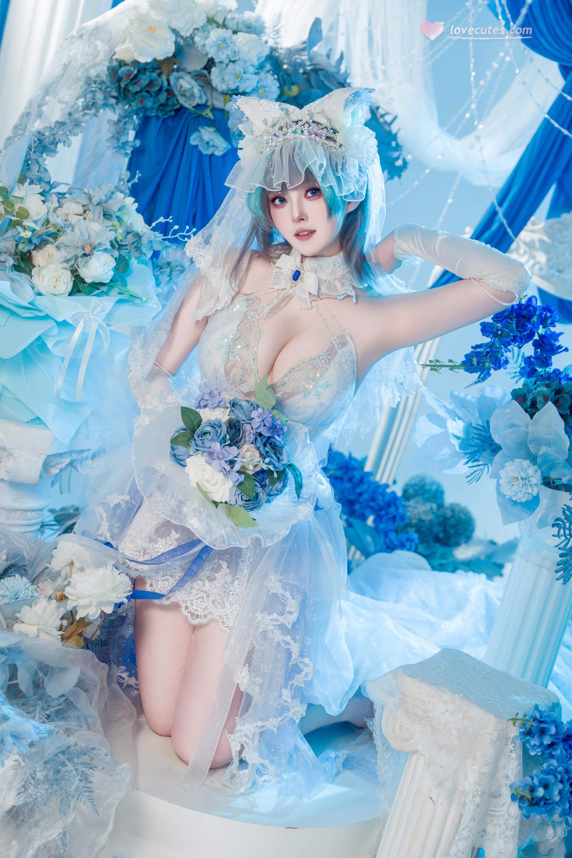 [cosplay] Natsuko夏夏子 - 碧蓝航线 柴郡婚纱：白色婚纱蕾丝内衣 巨乳美腿 70P