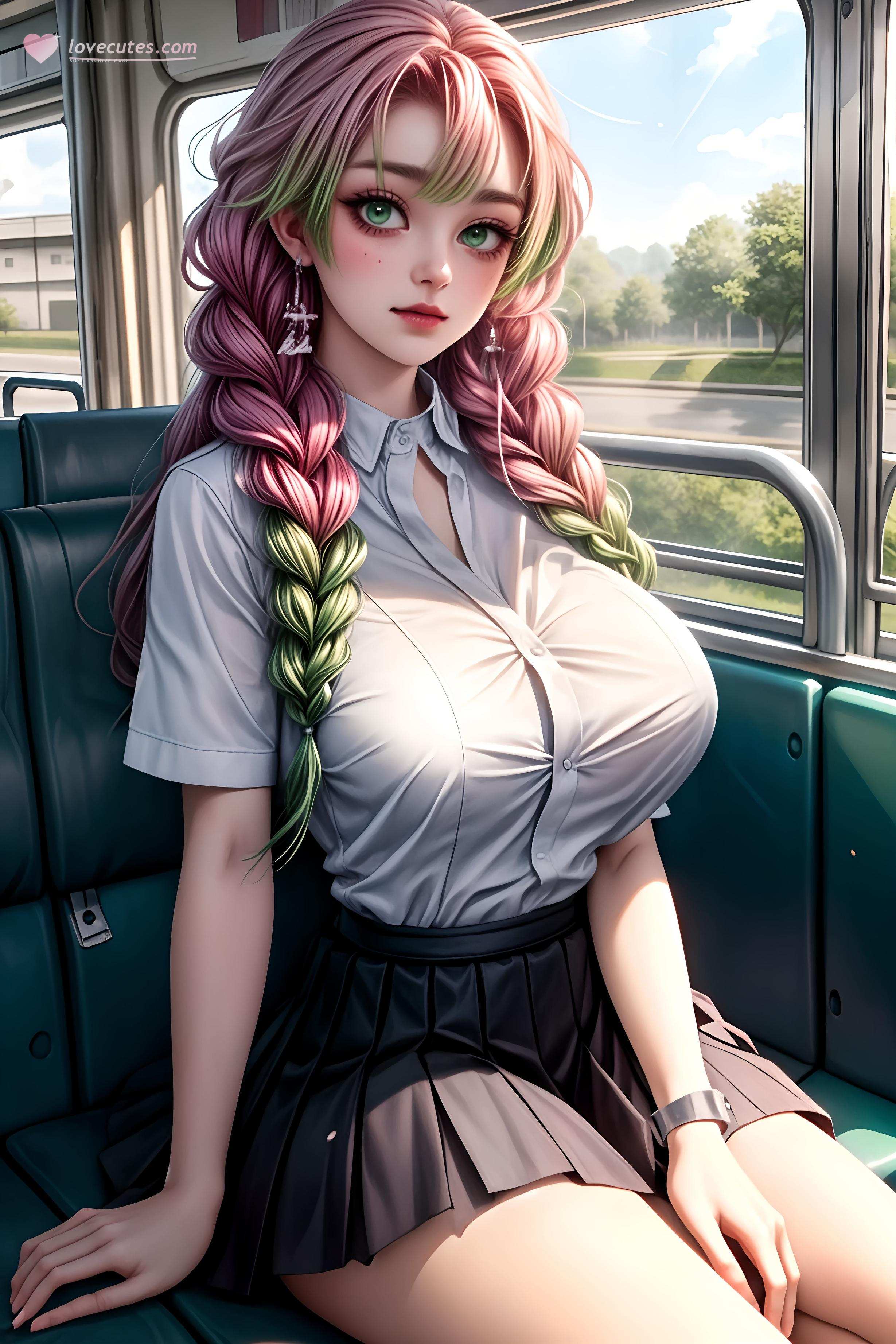 AI Generated Anime Girl - 鬼灭之刃 甘露寺蜜璃：粉绿长辫爆乳露点 温泉比基尼瑜伽裤 51P