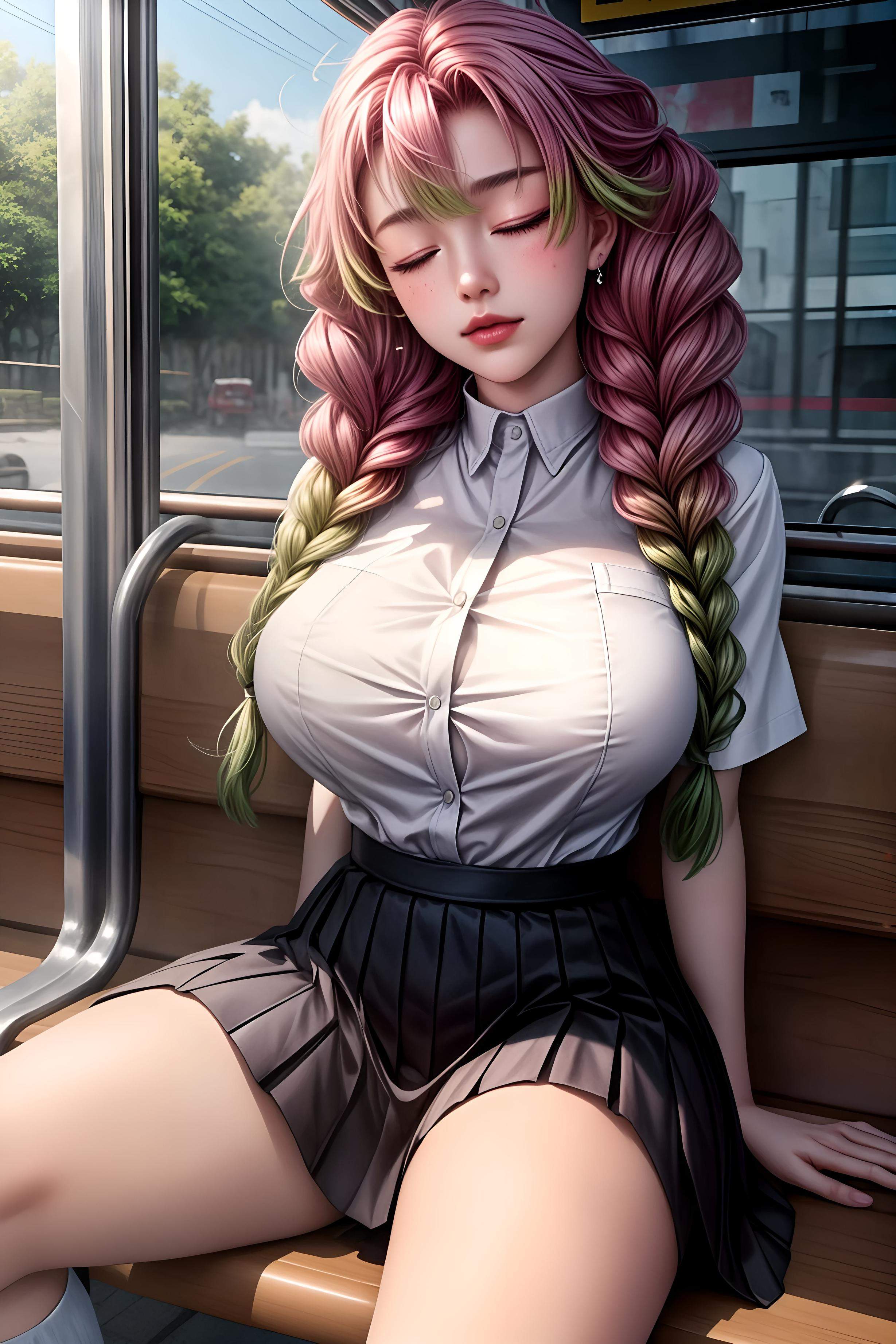 AI Generated Anime Girl - 鬼灭之刃 甘露寺蜜璃：粉绿长辫爆乳露点 温泉比基尼瑜伽裤 51P