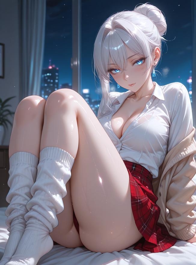 AI สร้างอนิเมะสาว - สการ์เลต เอล แวนดิมิออน: ชุดนักเรียน เสื้อเชิ้ตขาว หน้าอกใหญ่ กระโปรงแดง เซลฟี่หน้ากระจก 162P