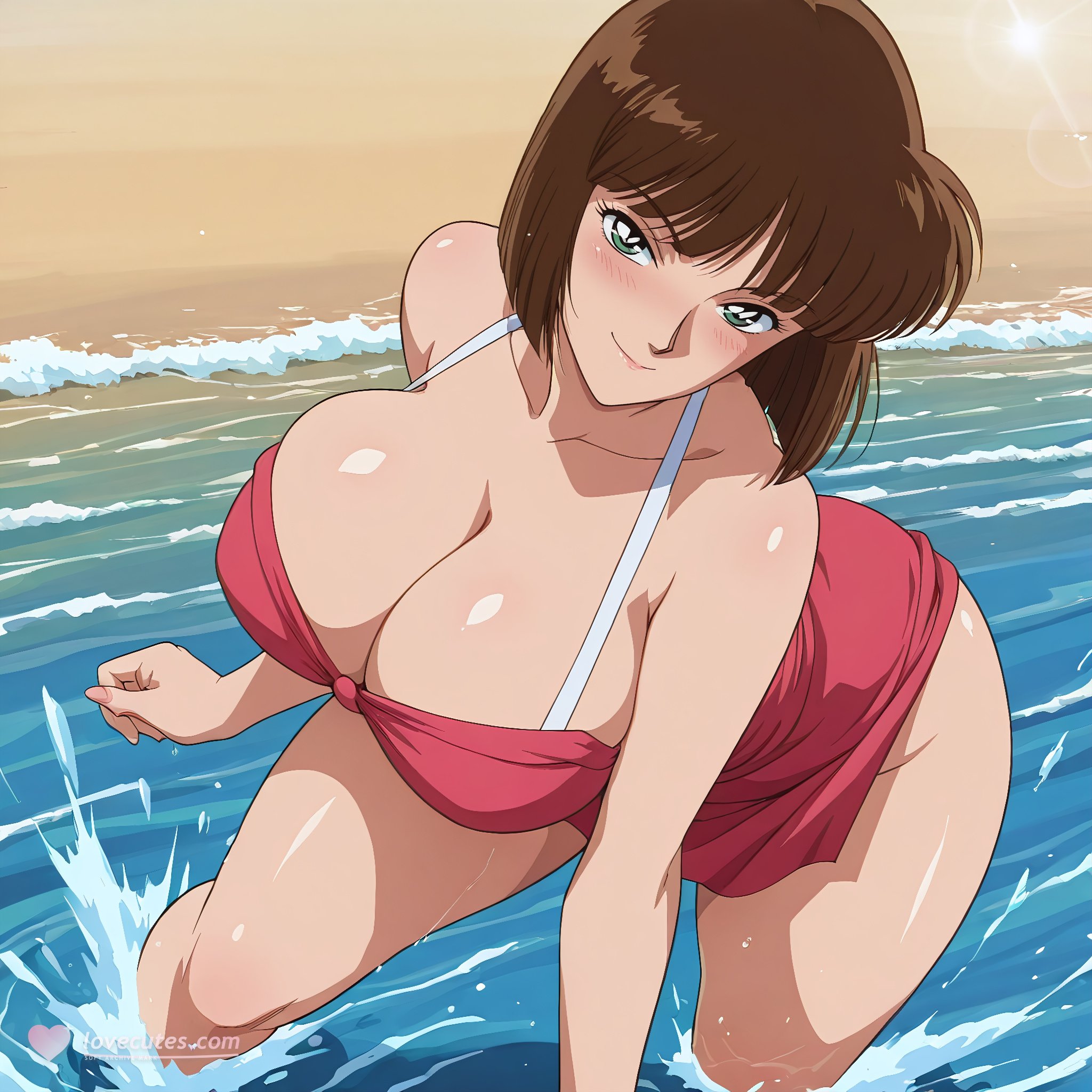 Cô Gái Anime Tạo Ra Bằng AI - 名侦探柯南 佐山明子: Bãi Biển Ẩm Ơt, Ngực Đầy Đặn, Váy Bơi Xanh Lam 72P