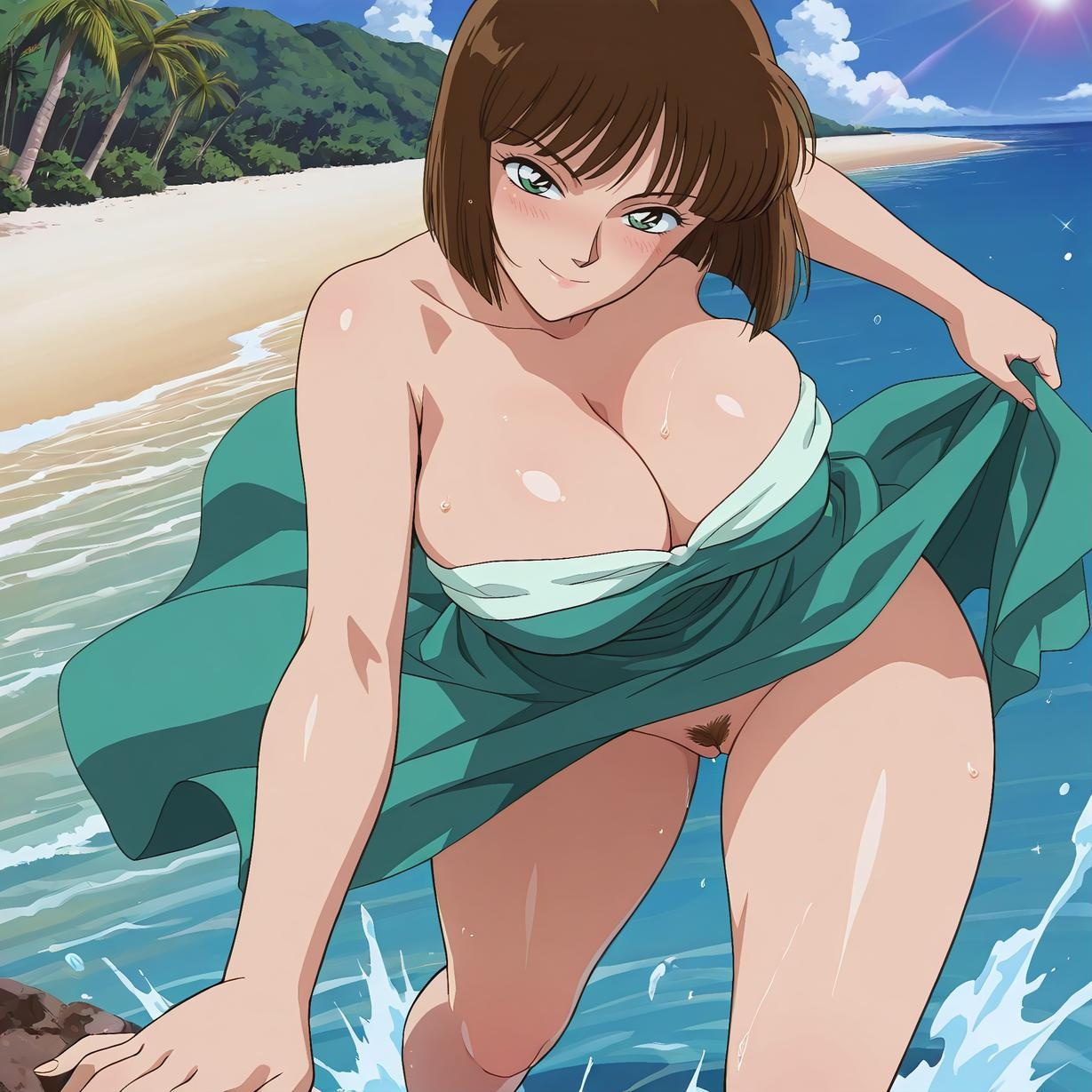 Cô Gái Anime Tạo Ra Bằng AI - 名侦探柯南 佐山明子: Bãi Biển Ẩm Ơt, Ngực Đầy Đặn, Váy Bơi Xanh Lam 72P