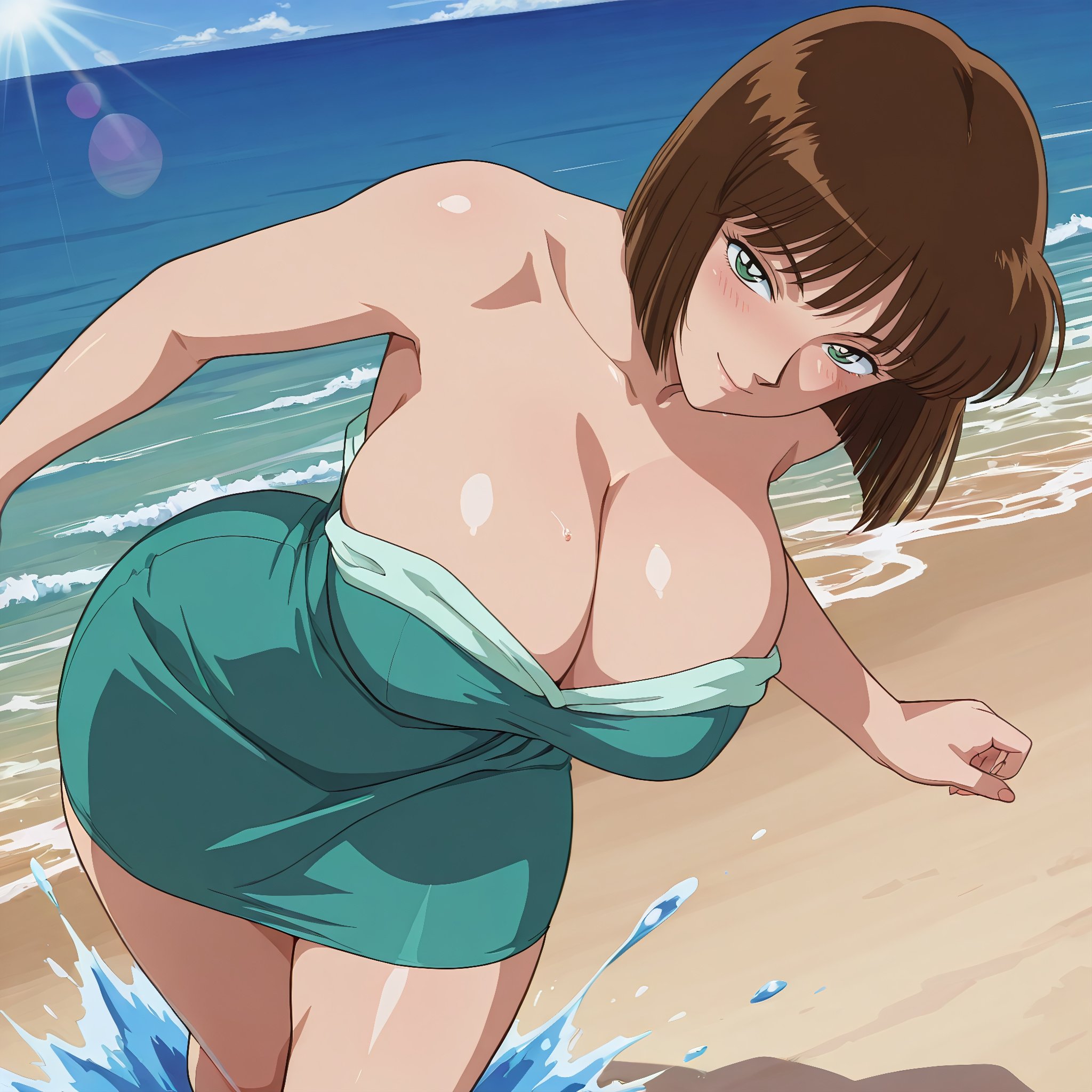 Cô Gái Anime Tạo Ra Bằng AI - 名侦探柯南 佐山明子: Bãi Biển Ẩm Ơt, Ngực Đầy Đặn, Váy Bơi Xanh Lam 72P