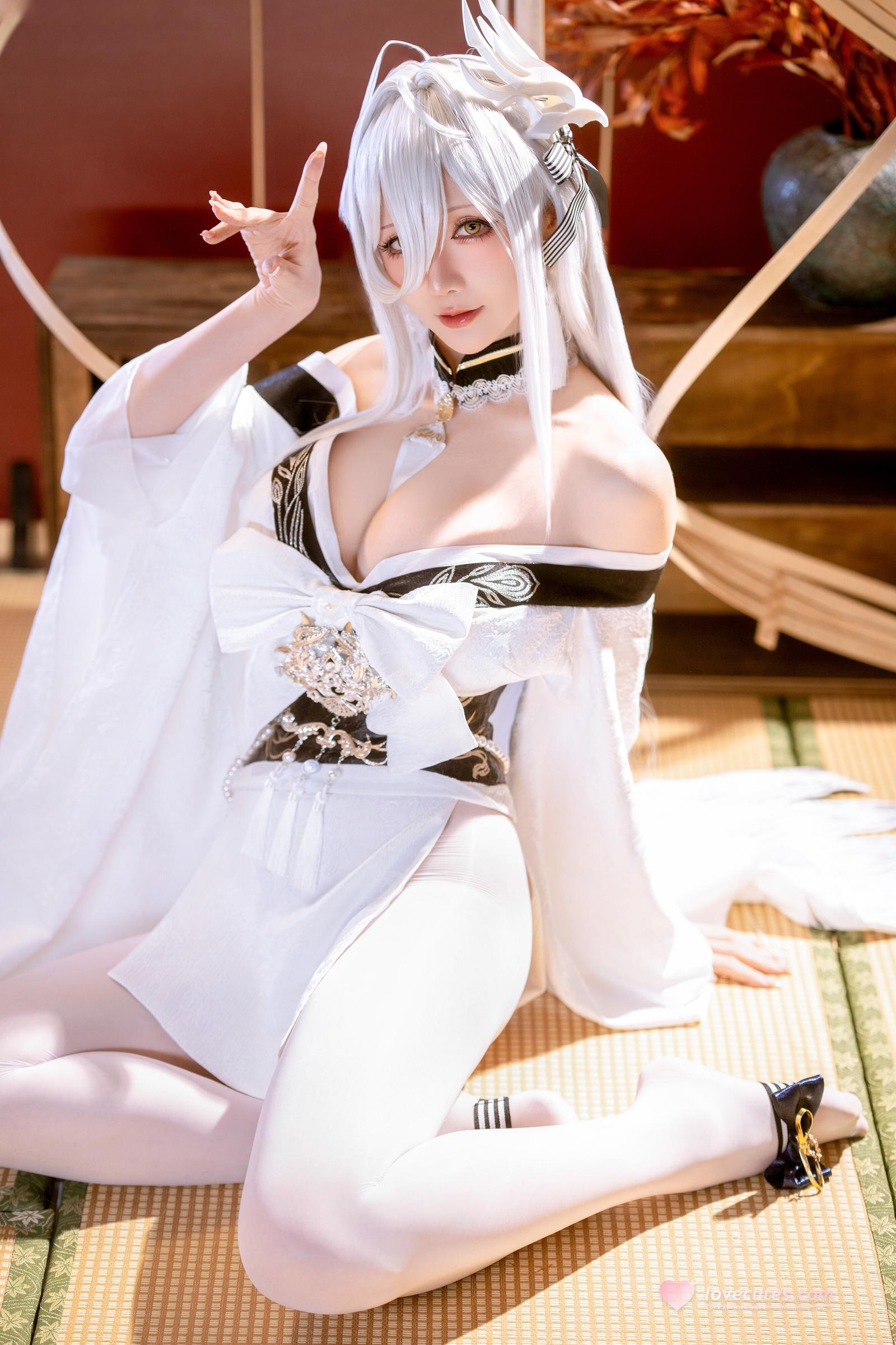 [cosplay] 星之迟迟Hoshilily - 碧蓝航线 白凤：白发和风白丝巨乳 高衩美腿还原 59P