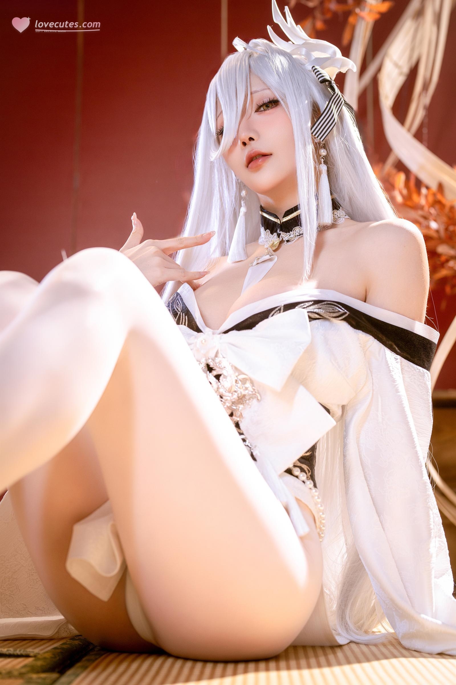 [cosplay] 星之迟迟Hoshilily - 碧蓝航线 白凤：白发和风白丝巨乳 高衩美腿还原 59P