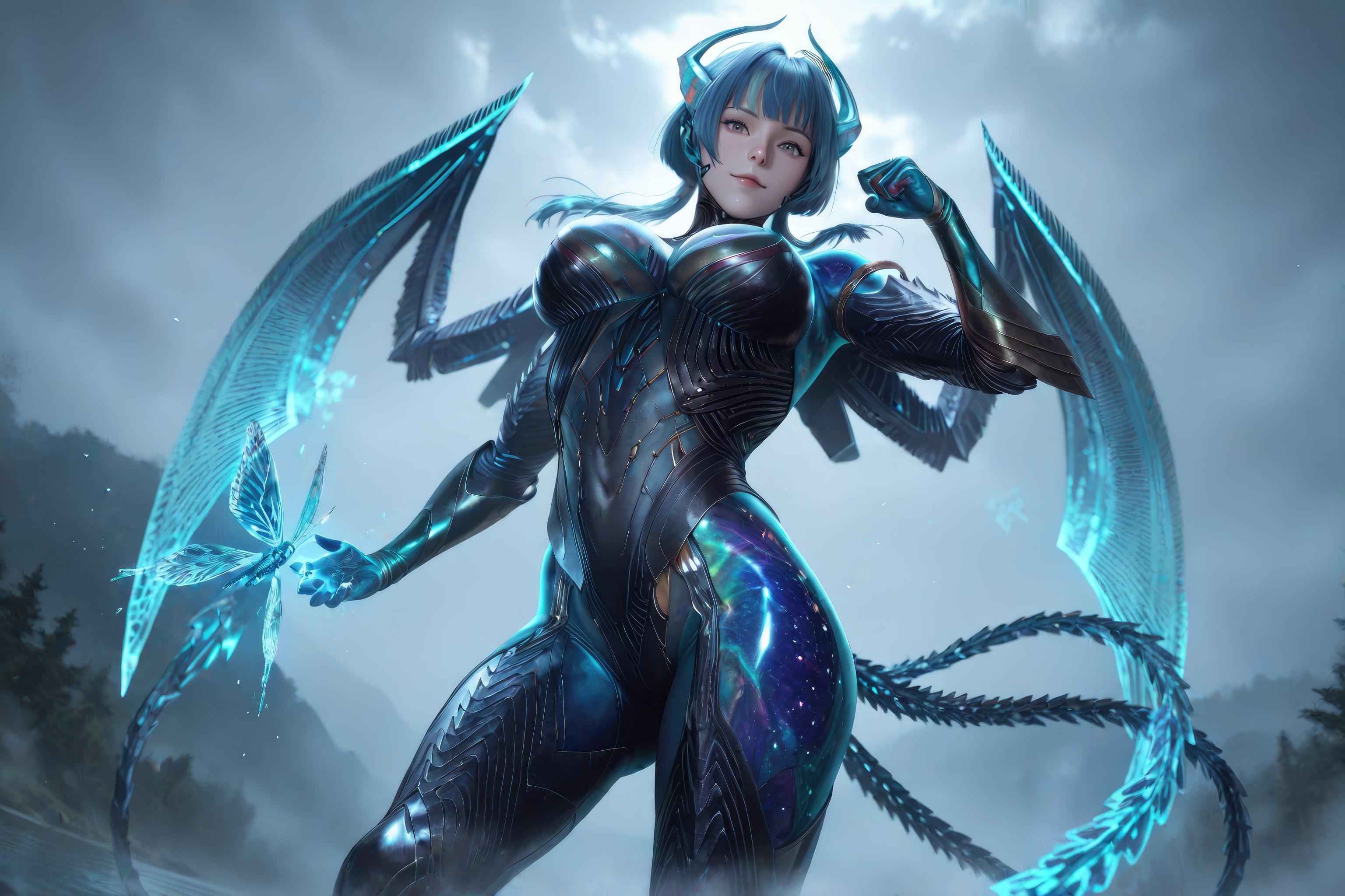 Cô Gái Anime Tạo Bởi AI - 吞噬星空 巴巴塔：Xác Suất Rồng Xanh Tóc, Giáp Khổng Lồ, Cánh Rồng 999P