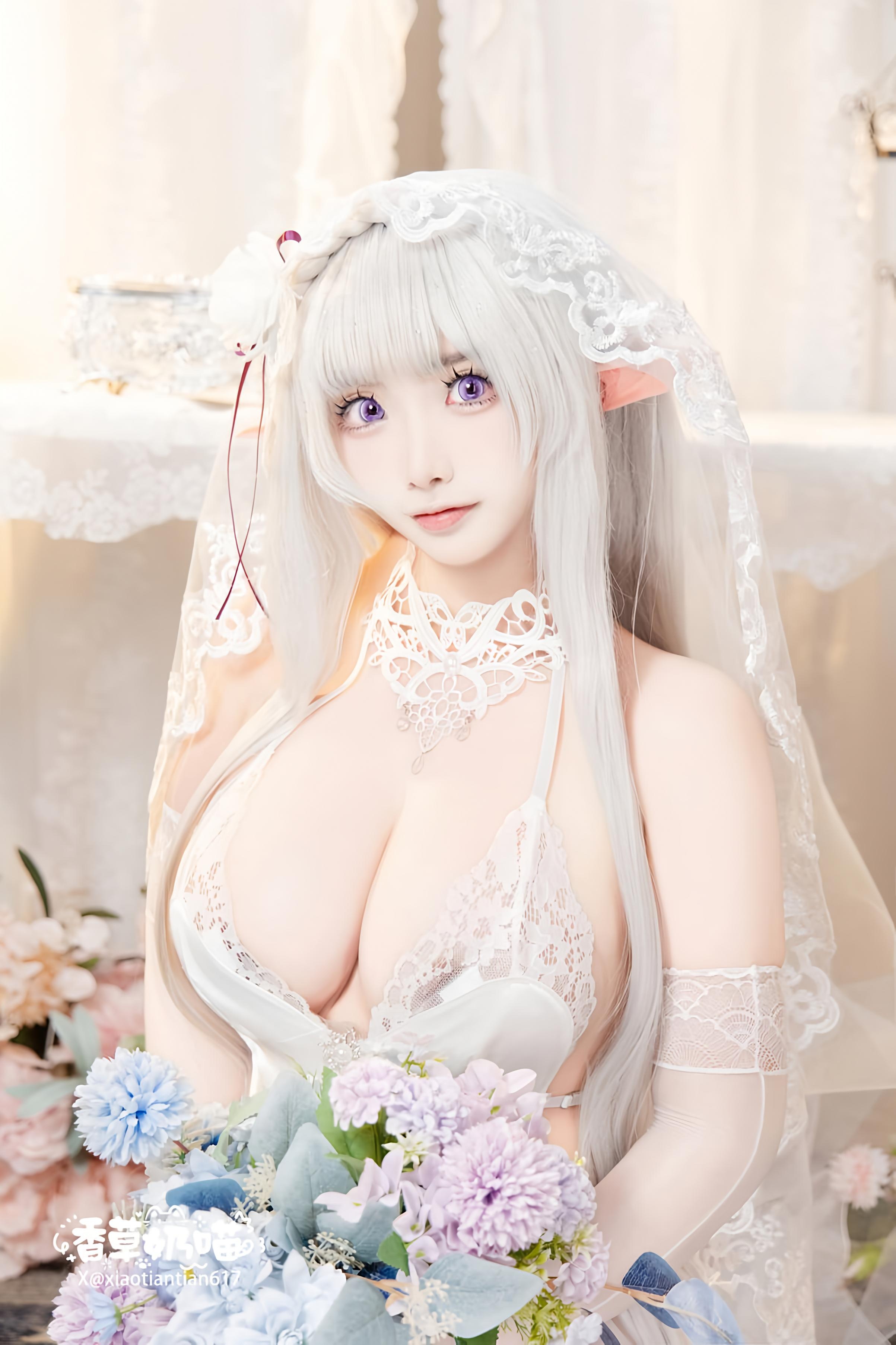[costume] Vanilla Cat - Re:Zero - Bắt Đầu Từ Một Thế Giới Khác: Emilia Ngày Lễ Tình Nhân - Váy Cưới Tai Tiên Trắng, Ngực Khủng, Tất Trắng 151P