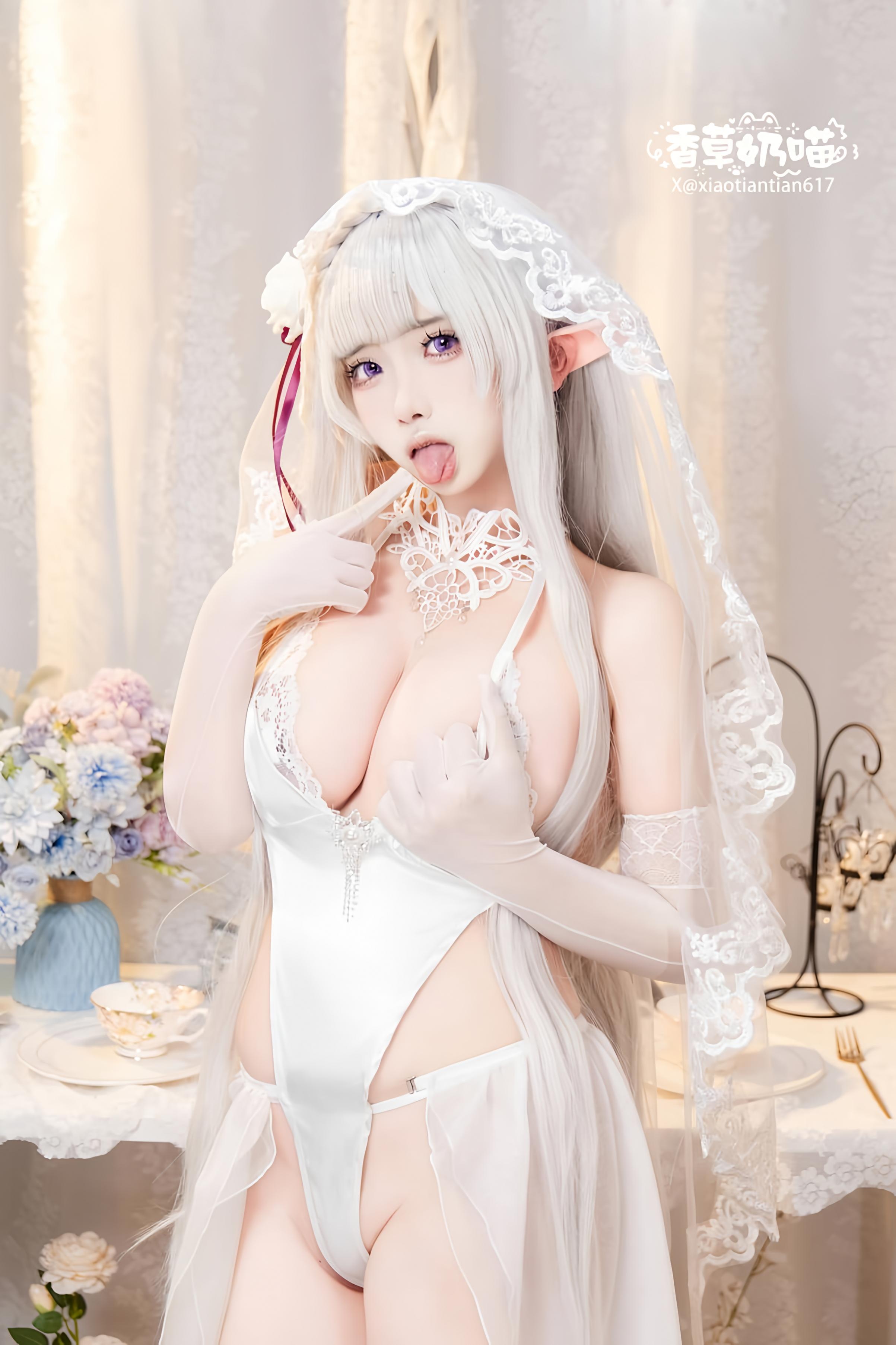 [costume] Vanilla Cat - Re:Zero - Bắt Đầu Từ Một Thế Giới Khác: Emilia Ngày Lễ Tình Nhân - Váy Cưới Tai Tiên Trắng, Ngực Khủng, Tất Trắng 151P