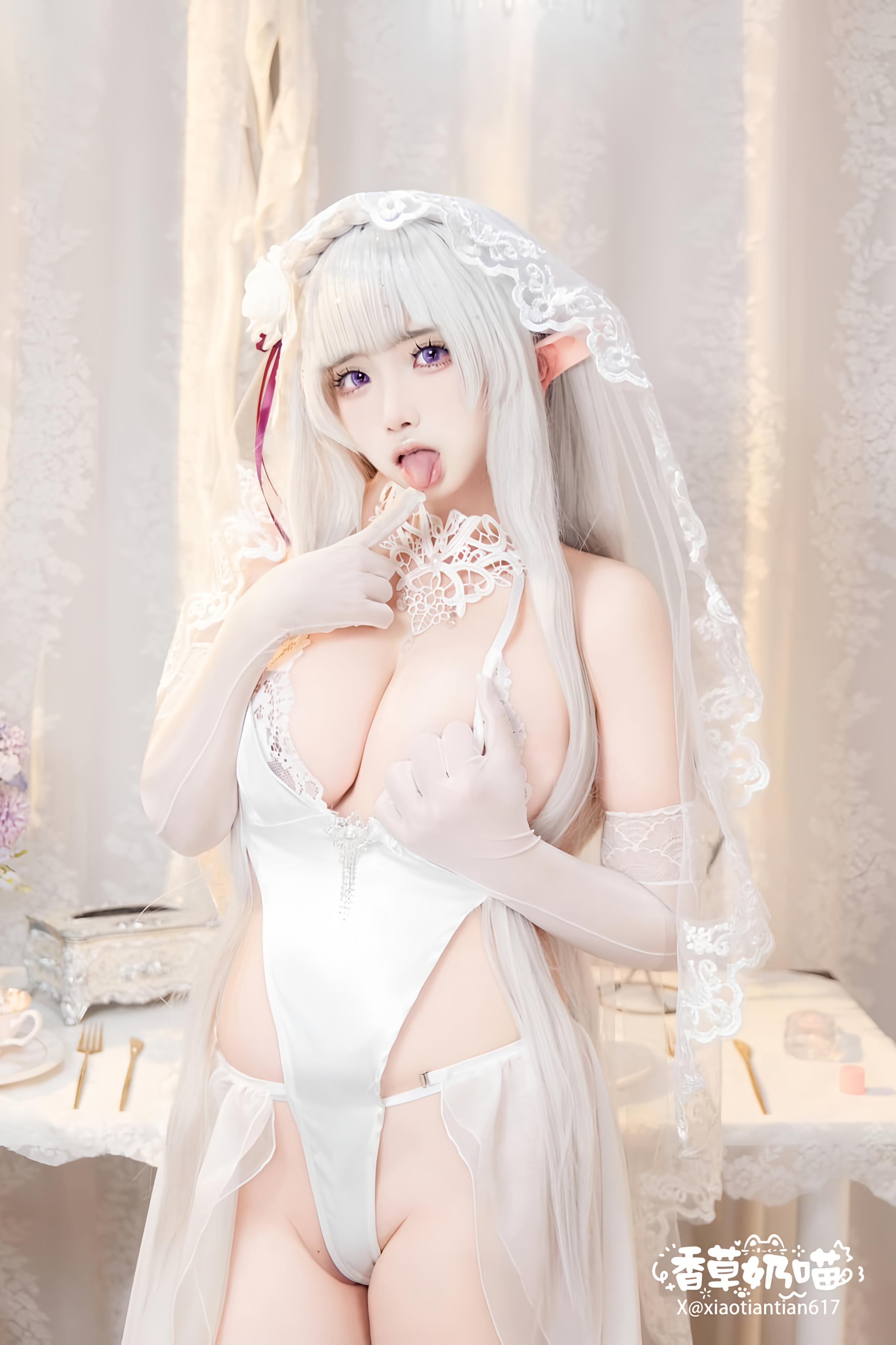 [costume] Vanilla Cat - Re:Zero - Bắt Đầu Từ Một Thế Giới Khác: Emilia Ngày Lễ Tình Nhân - Váy Cưới Tai Tiên Trắng, Ngực Khủng, Tất Trắng 151P
