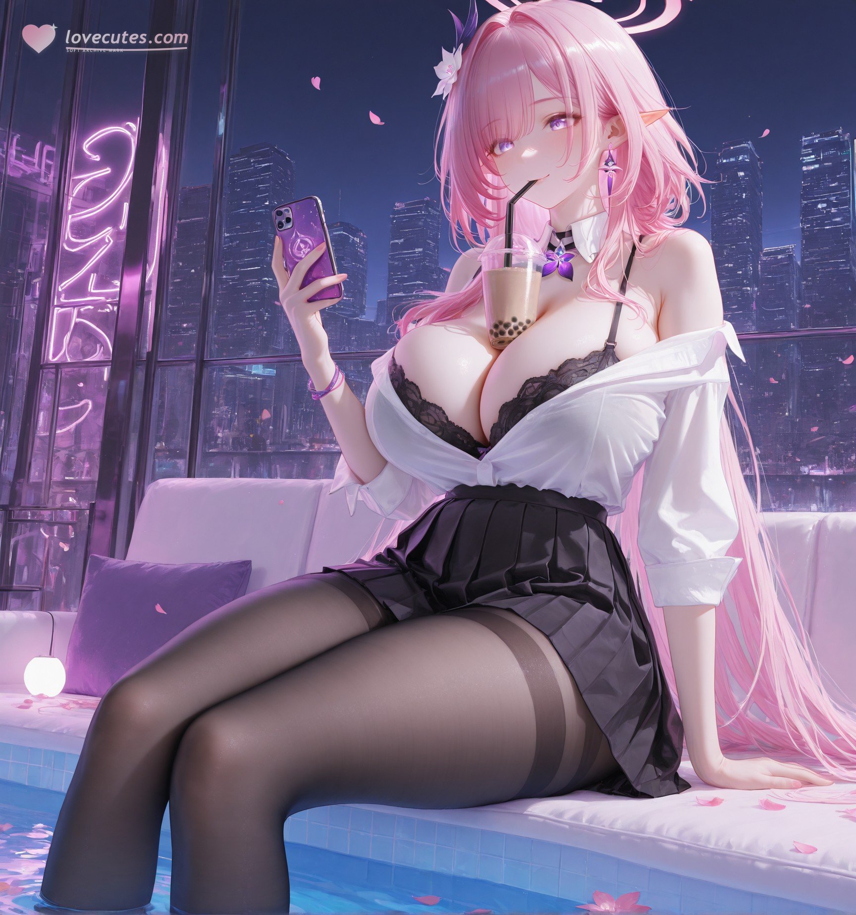 Cô Gái Anime Tạo Ra Bằng AI - 崩坏 昔涟: Tóc Hồng, Đồng Phục, Ngực Khủng, Hồ Bơi, Hổ Trắng 130P