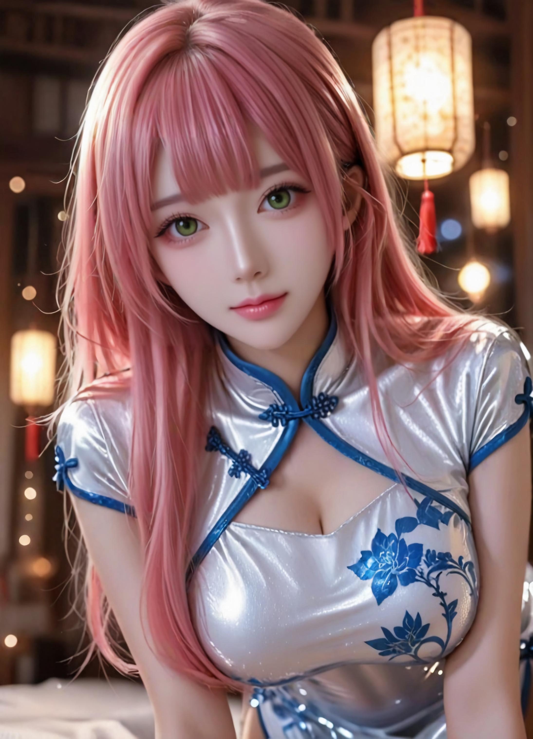 AI Generated Anime Girl - 方琼：银白旗袍巨乳露穴 道具口交白虎 123P