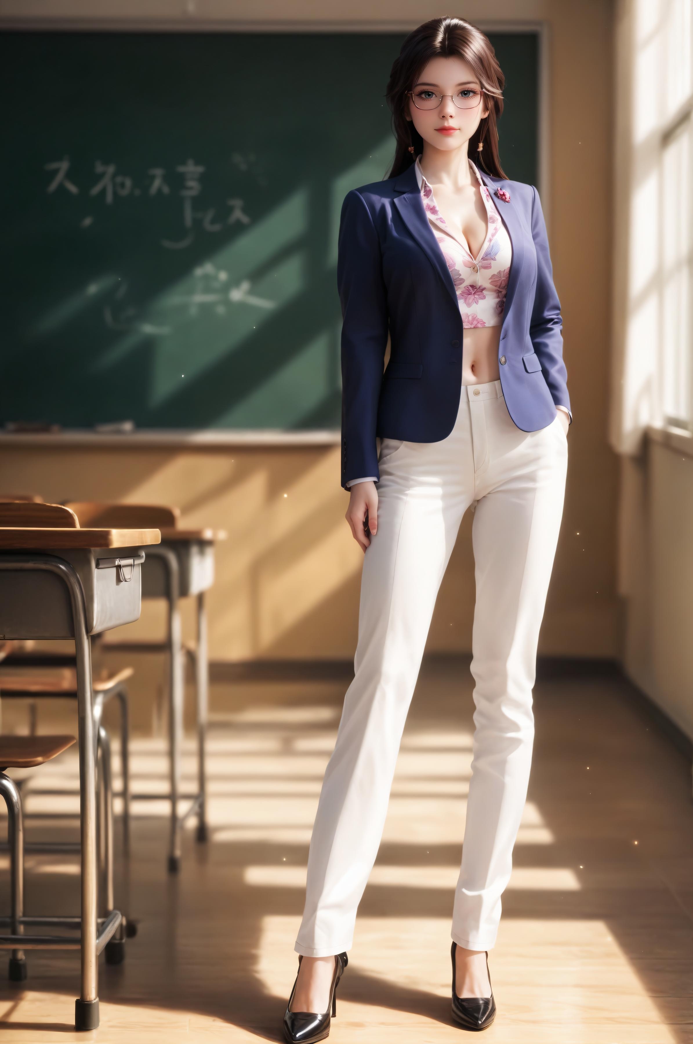AI Generated Anime Girl - 灵毓秀：教师制服眼镜美胸翘臀 教室白裤露穴 91P