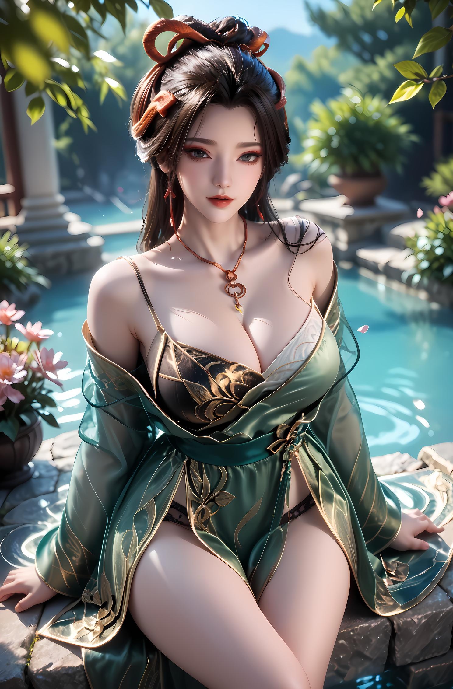 Cô Gái Anime Tạo Bởi AI - 牧神记 龙娇男: Váy Xanh Cổ Điển, Ngực Khỏa Thân, Mông Nổi Bật, 96P