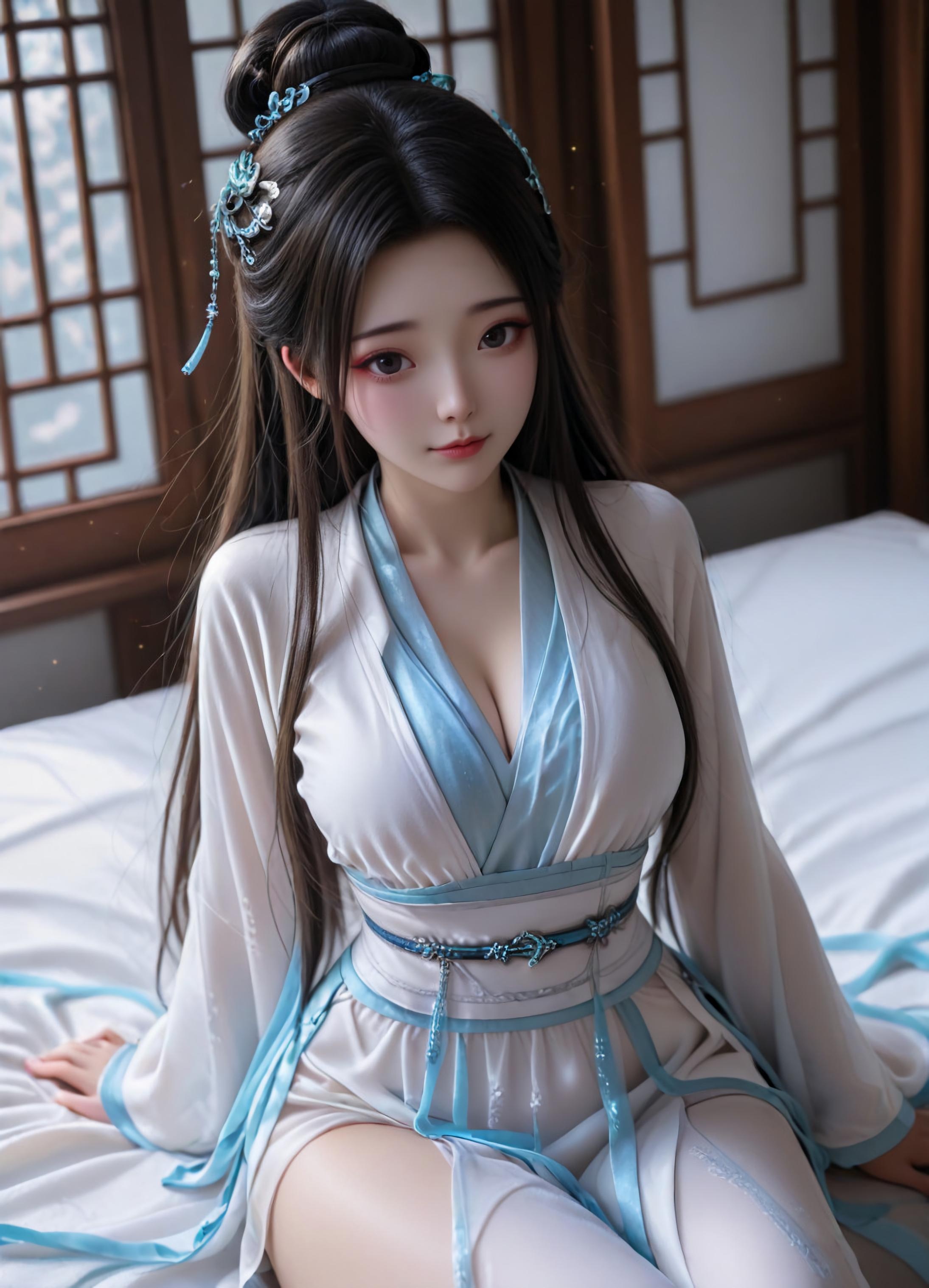 AI Generated Anime Girl - 白蛇 小白：粉发绿裙巨乳露点 古风庭院 106P