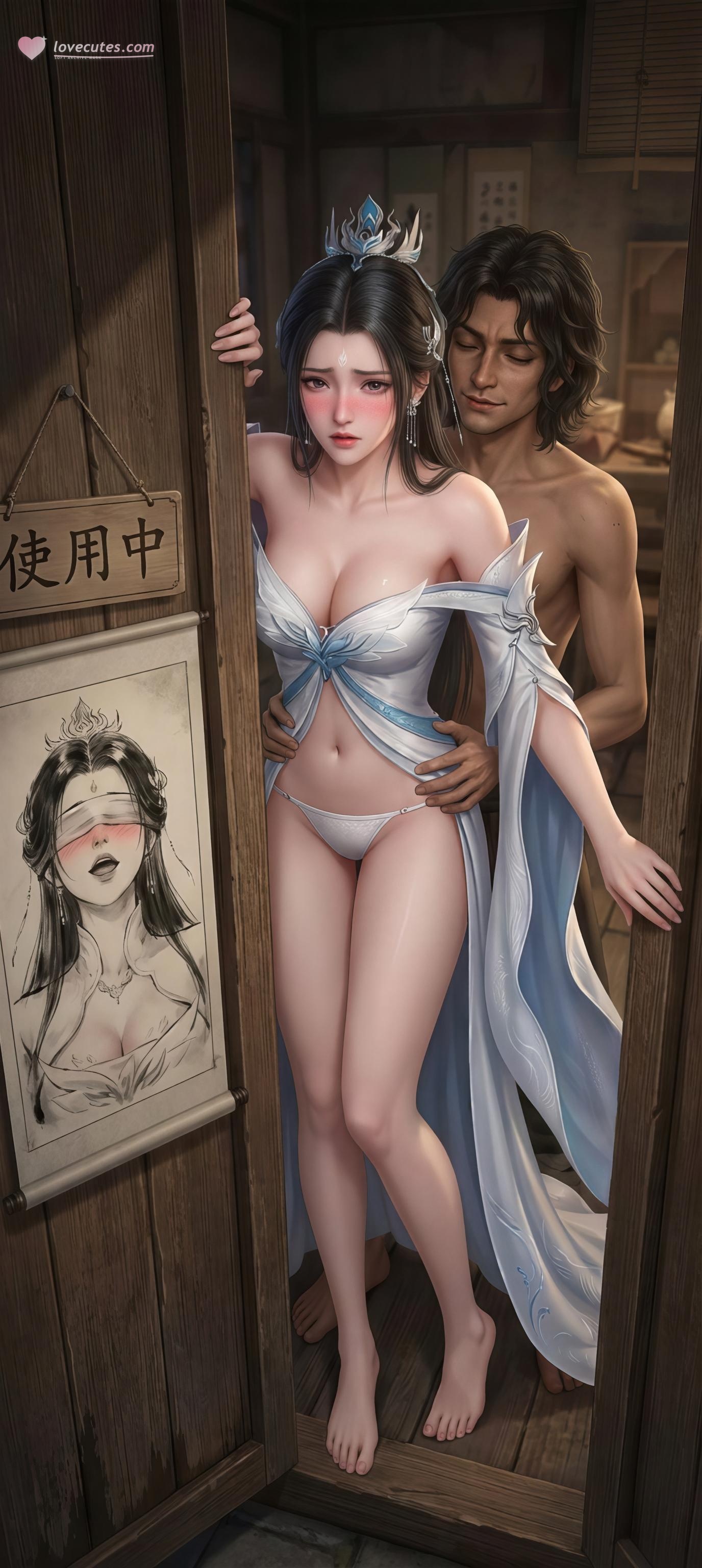 AI Generated Anime Girl - 陆雪琪 月文心：白纱古风巨乳露点 庭院交合 96P