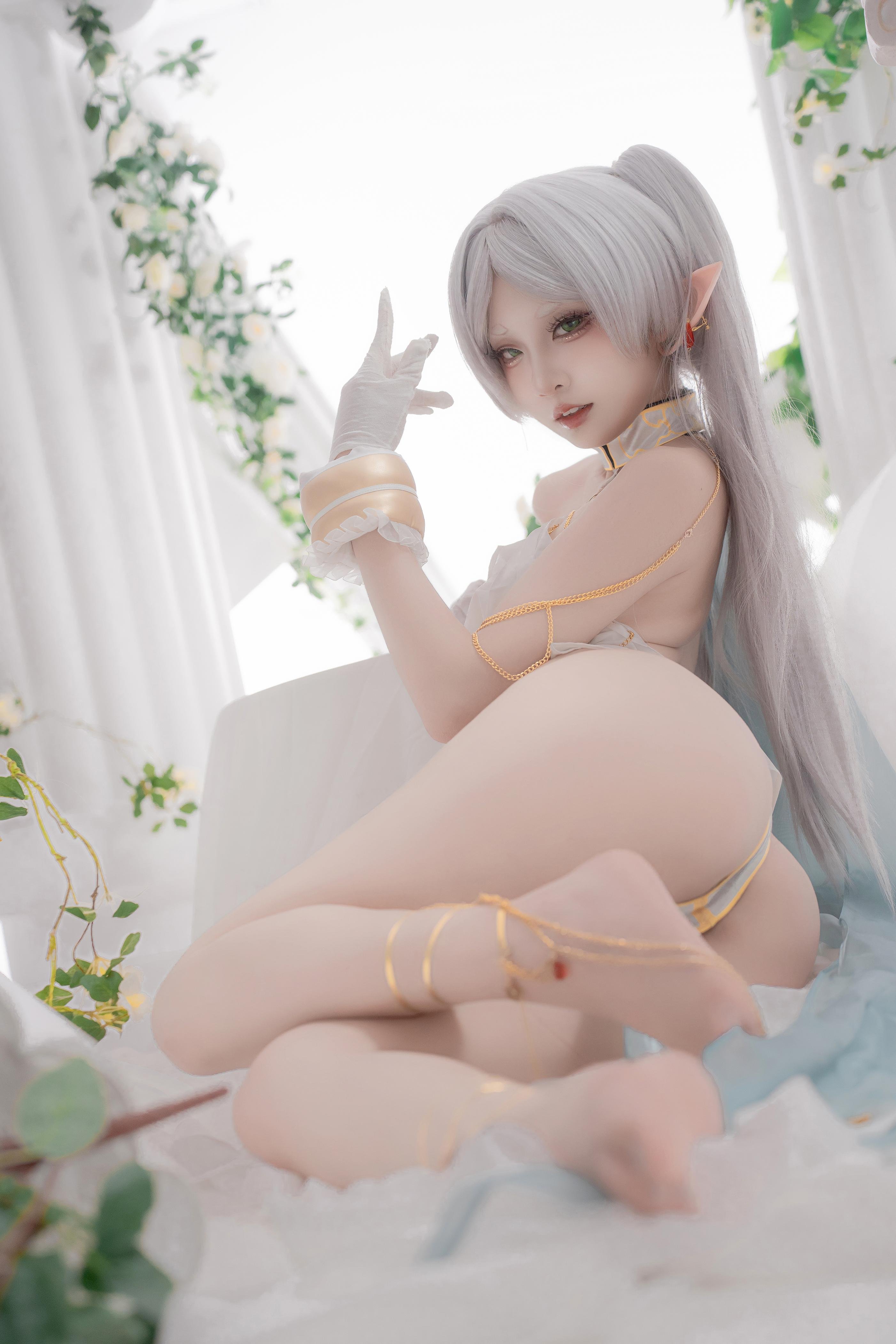 [cosplay] 纸悦Etsu_ko - 葬送的芙莉莲 芙莉莲 舞娘：银发精灵耳轻纱裸身还原 73P