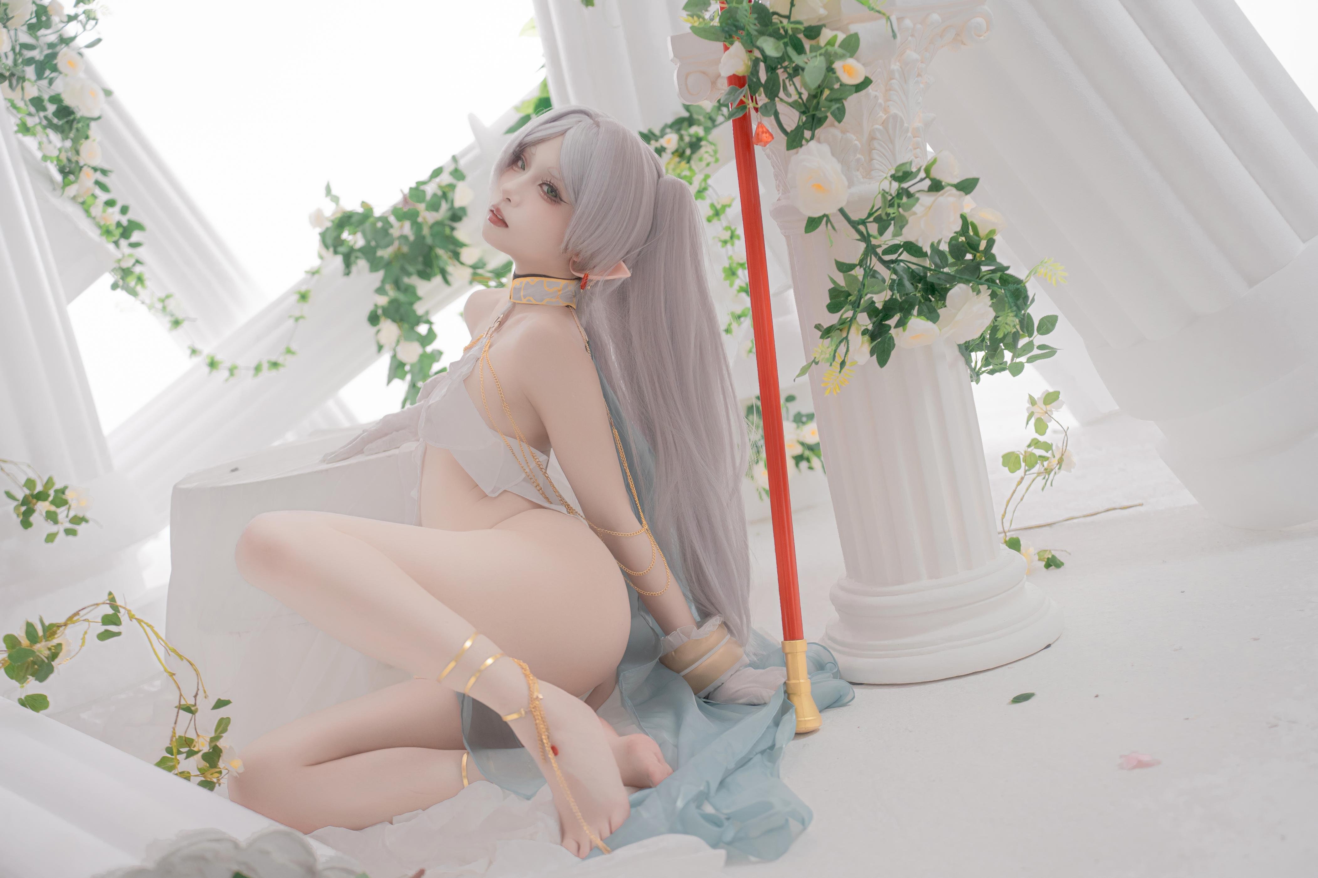 [cosplay] 纸悦Etsu_ko - 葬送的芙莉莲 芙莉莲 舞娘：银发精灵耳轻纱裸身还原 73P