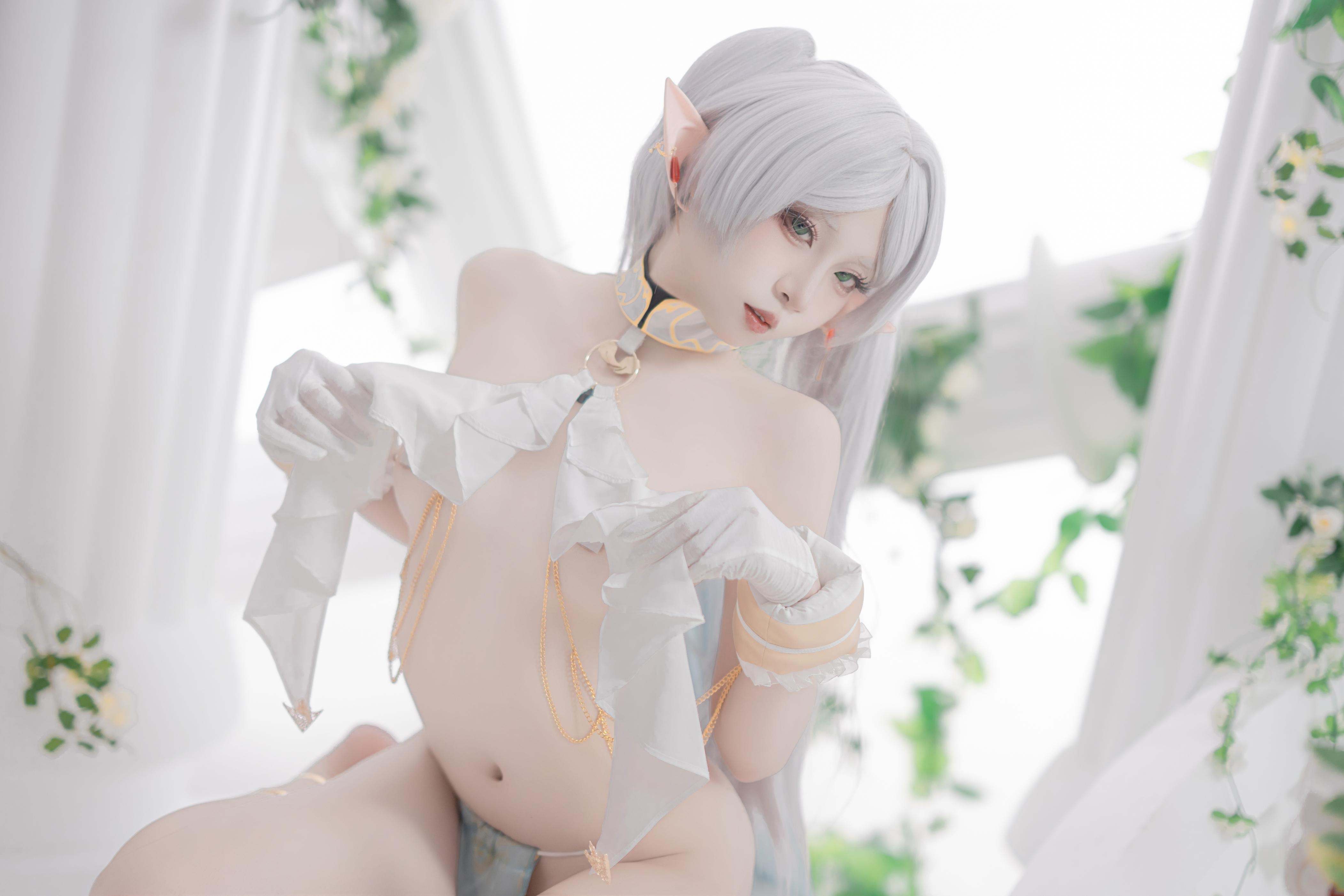 [cosplay] 纸悦Etsu_ko - 葬送的芙莉莲 芙莉莲 舞娘：银发精灵耳轻纱裸身还原 73P