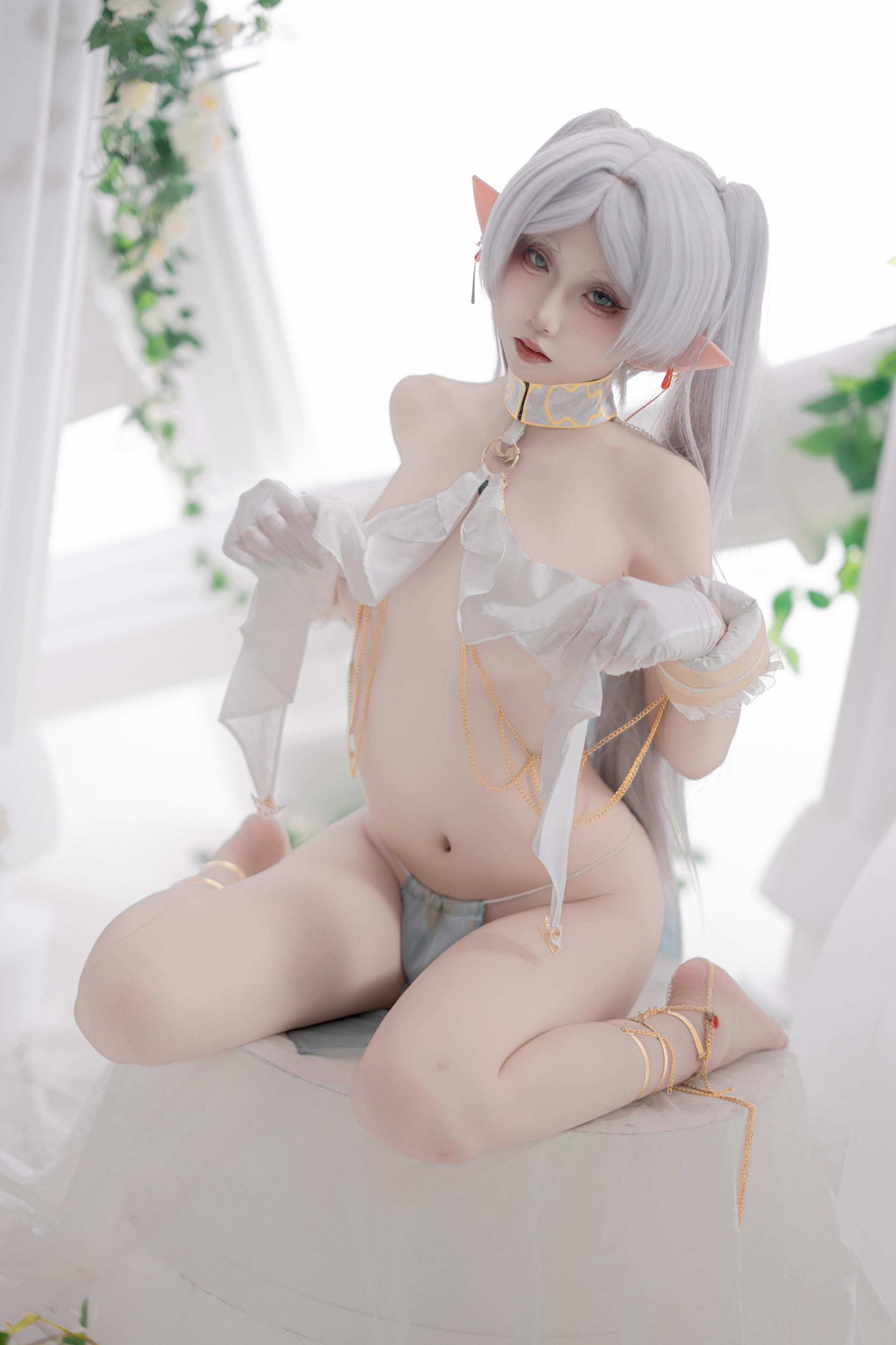 [cosplay] 纸悦Etsu_ko - 葬送的芙莉莲 芙莉莲 舞娘：银发精灵耳轻纱裸身还原 73P