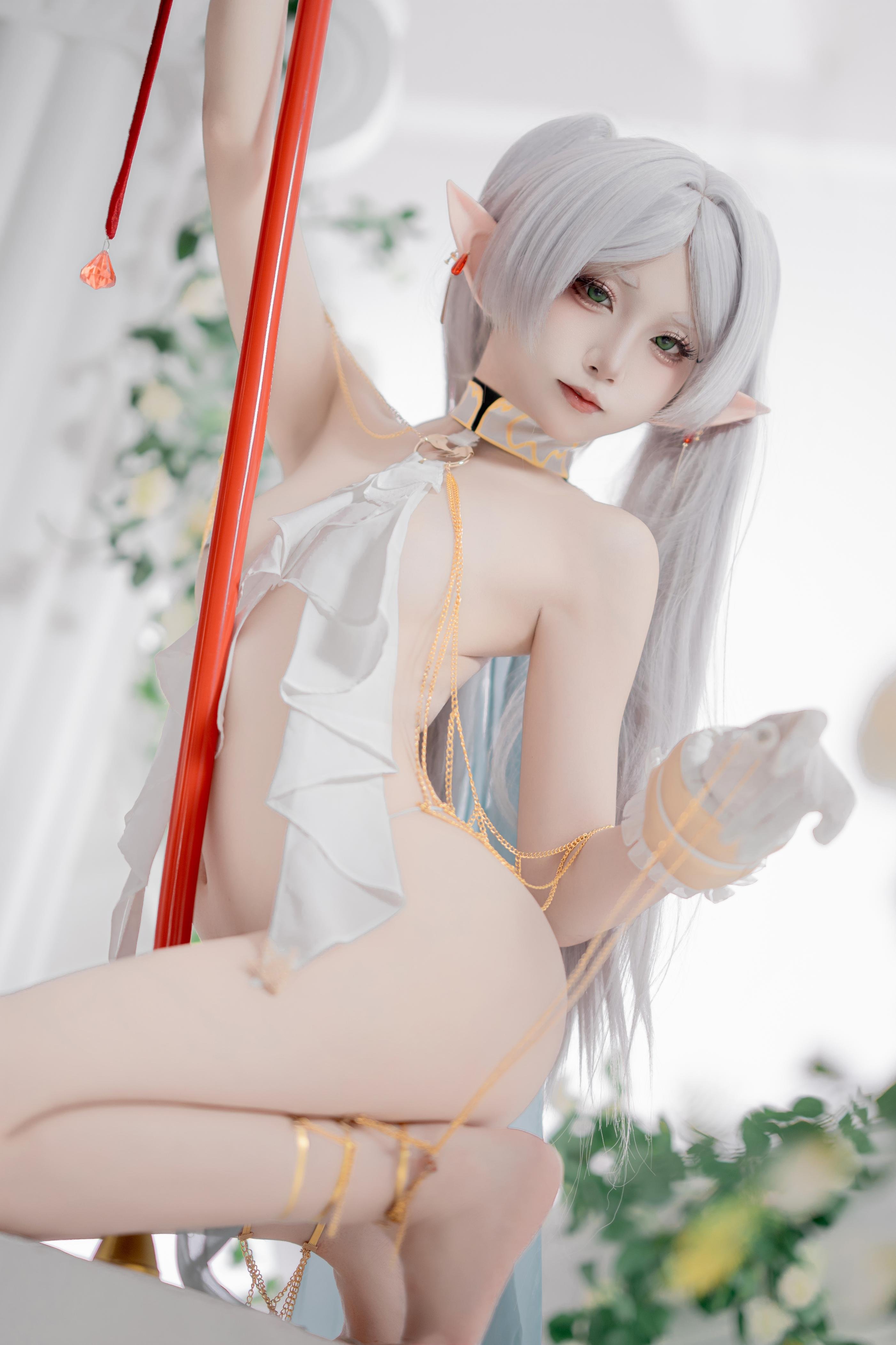[cosplay] 纸悦Etsu_ko - 葬送的芙莉莲 芙莉莲 舞娘：银发精灵耳轻纱裸身还原 73P