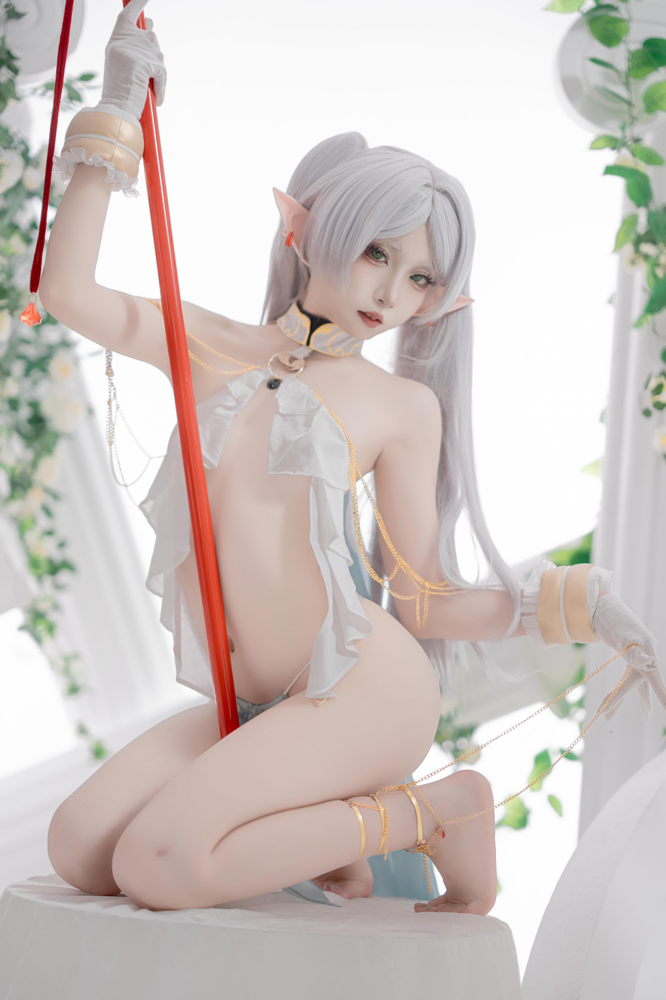 [cosplay] 纸悦Etsu_ko - 葬送的芙莉莲 芙莉莲 舞娘：银发精灵耳轻纱裸身还原 73P