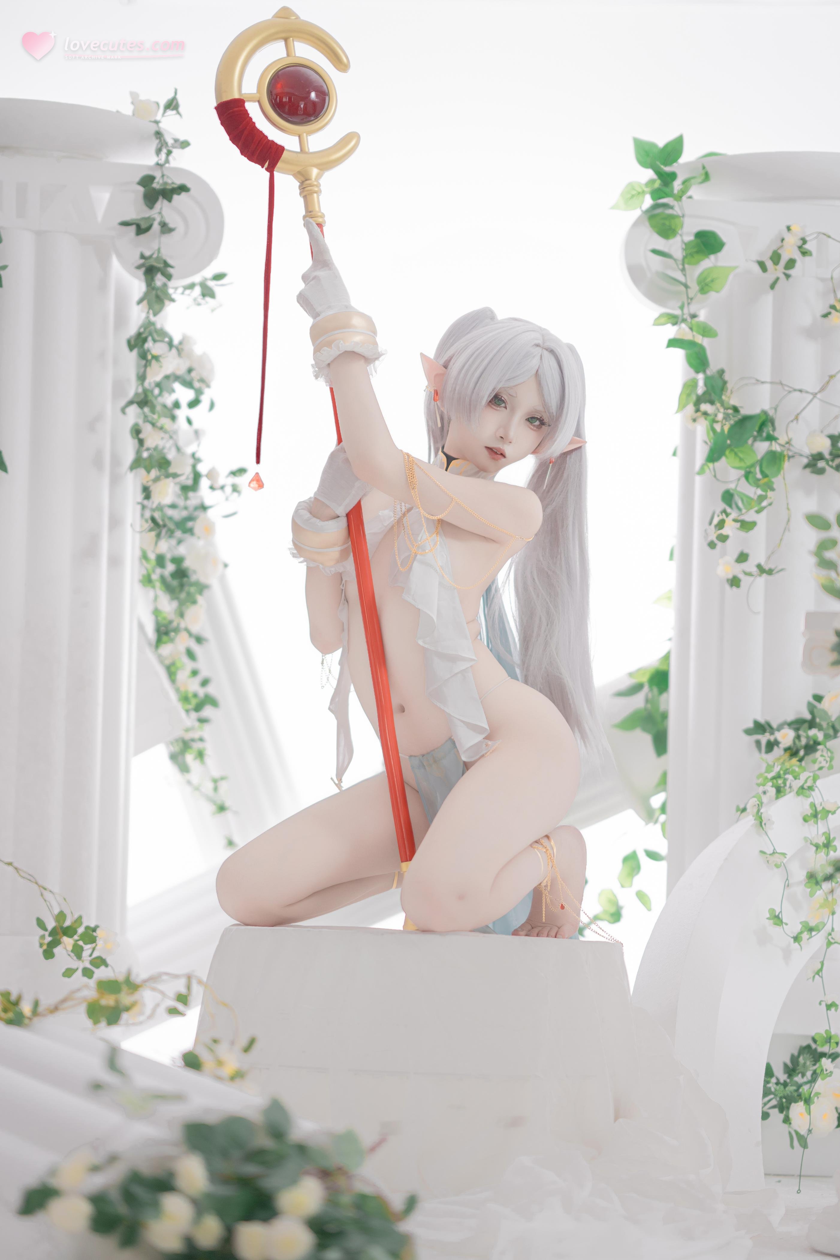 [cosplay] 纸悦Etsu_ko - 葬送的芙莉莲 芙莉莲 舞娘：银发精灵耳轻纱裸身还原 73P