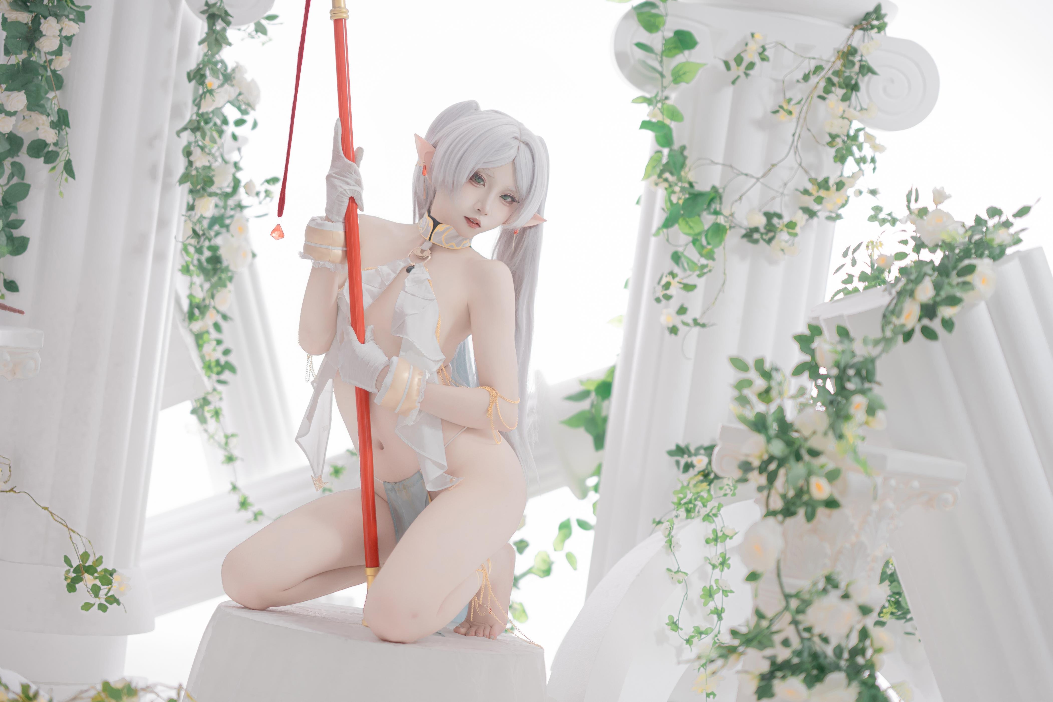 [cosplay] 纸悦Etsu_ko - 葬送的芙莉莲 芙莉莲 舞娘：银发精灵耳轻纱裸身还原 73P