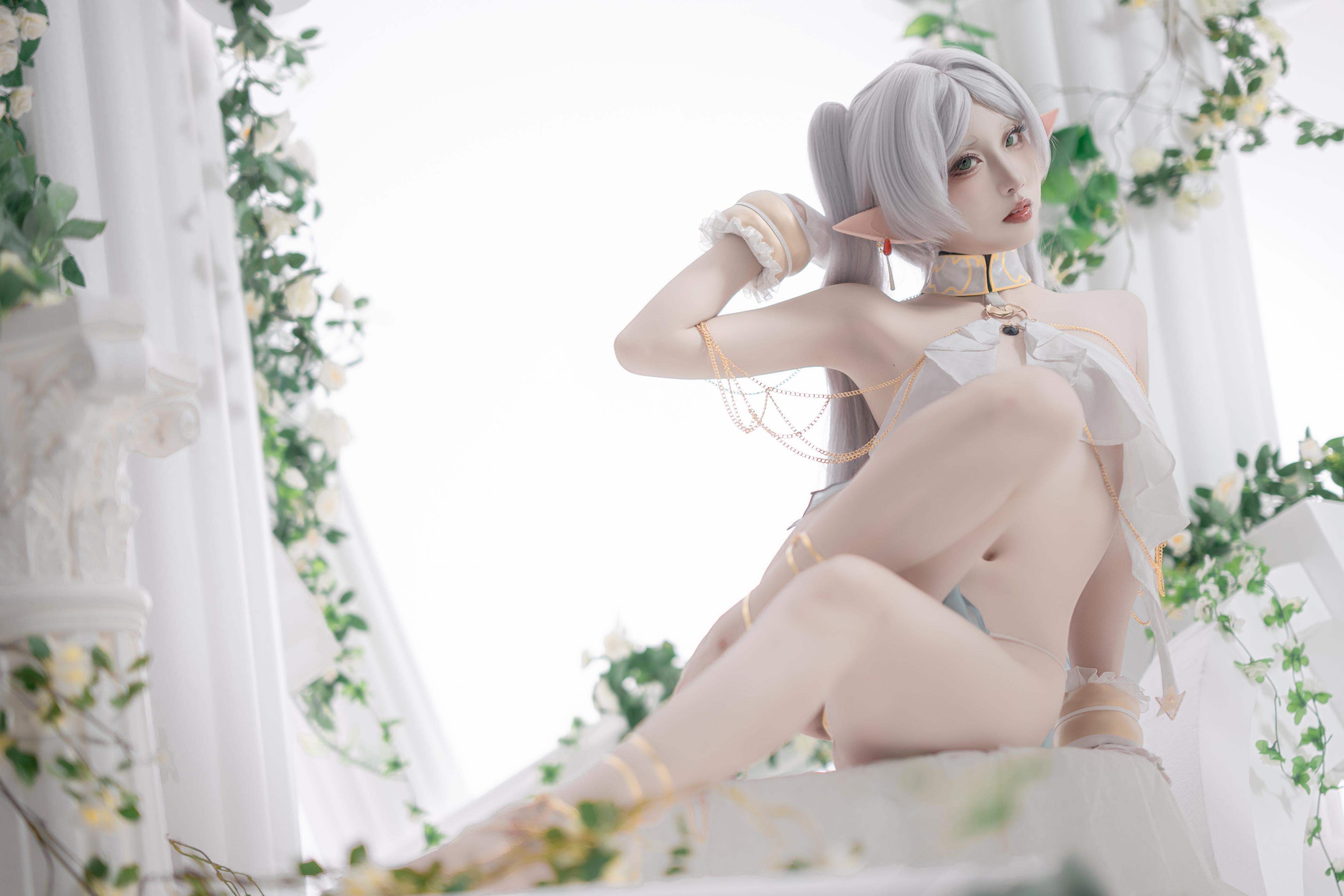 [cosplay] 纸悦Etsu_ko - 葬送的芙莉莲 芙莉莲 舞娘：银发精灵耳轻纱裸身还原 73P