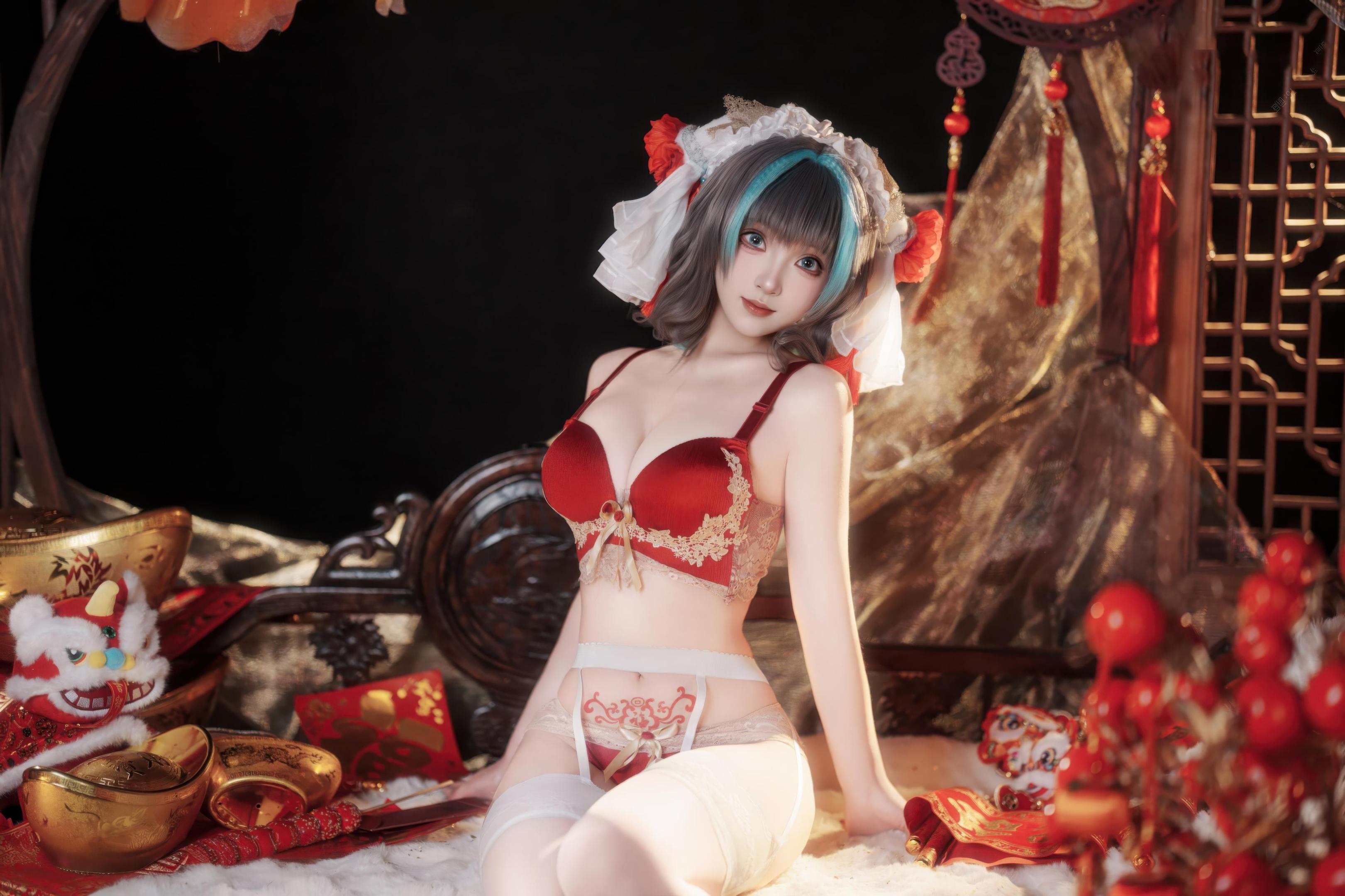[cosplay] Bangni邦尼 - 碧蓝航线 柴郡 新春：红色旗袍白丝 露穴露臀还原 66P7V