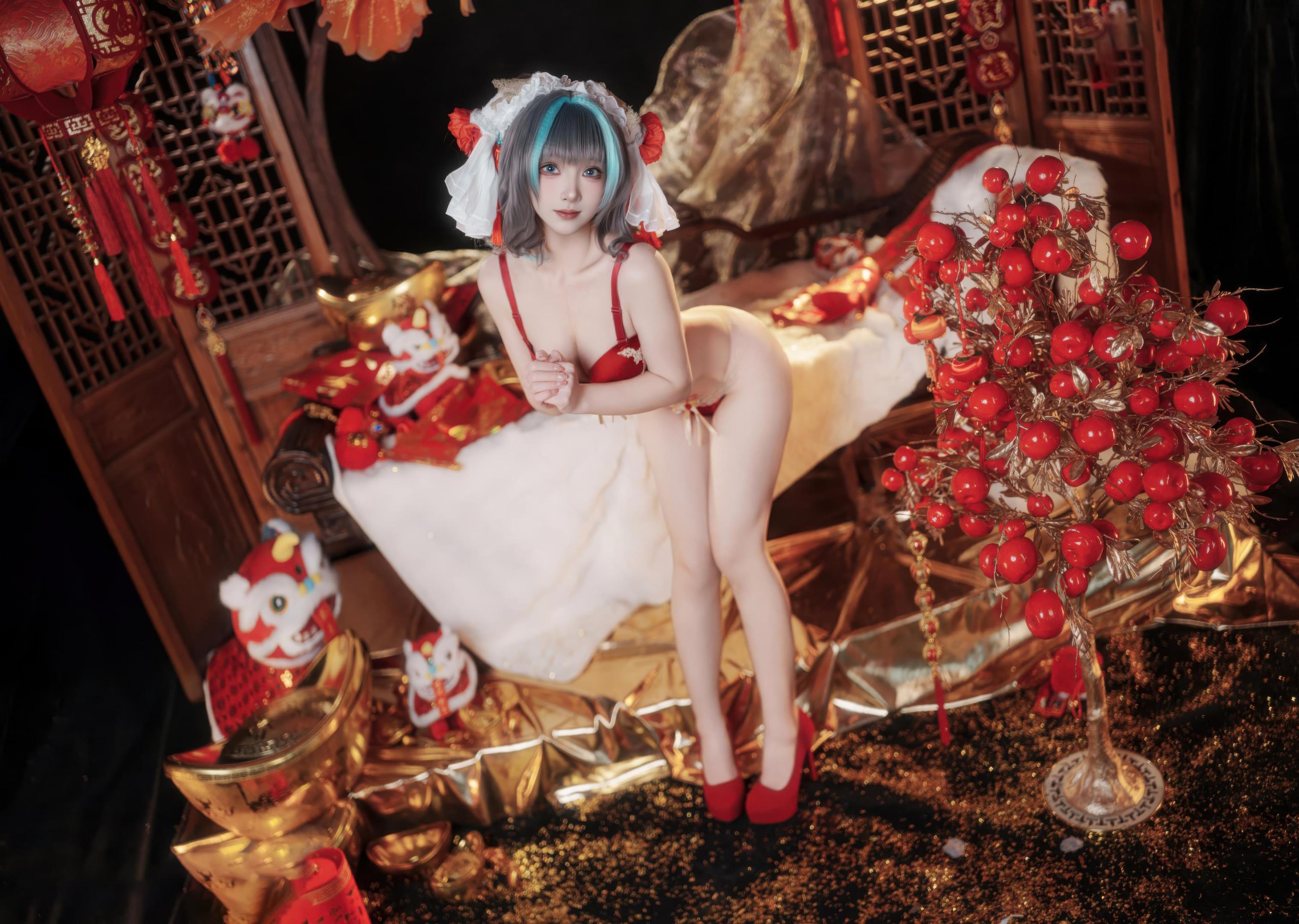 [cosplay] Bangni邦尼 - 碧蓝航线 柴郡 新春：红色旗袍白丝 露穴露臀还原 66P7V